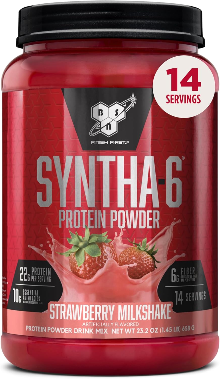 BSN SYNTHA-6 Premium Protein Powder with 6g of Fiber, Whey Isolate, Micellar Casein, Milk Protein Isolate, 6g of Fat, Strawberry Milkshake, 14 Servings, 1.45 Pound (Packaging May Vary)