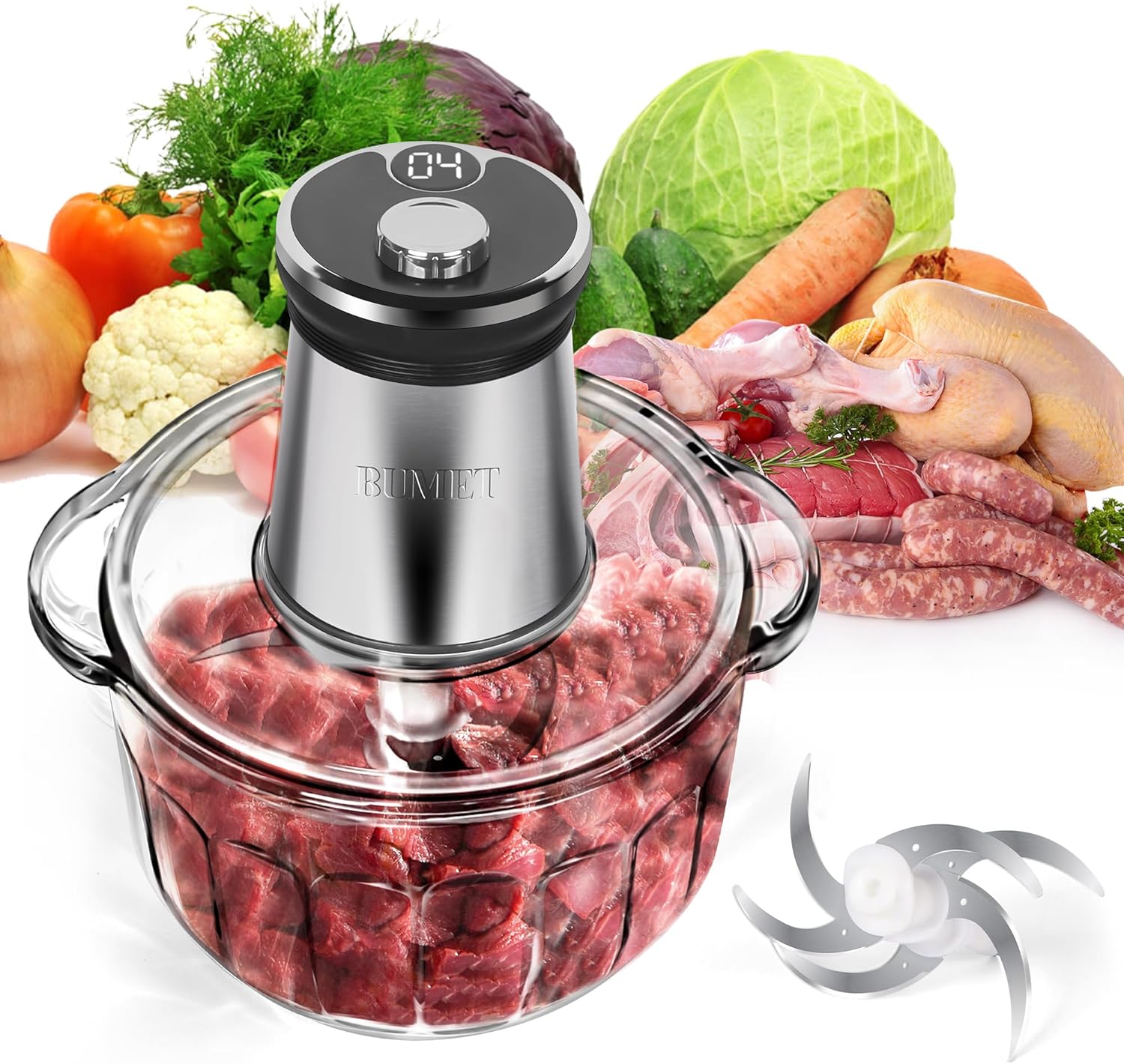 BUMET 16 cup glass bowl 850W Electric Food Processor,LED timer. 3-Tiered 6 Cutting Edges blade for mincing, chopping,Ideal as meat grinder,fresh vegetables chopper,pet food process in kitchen.