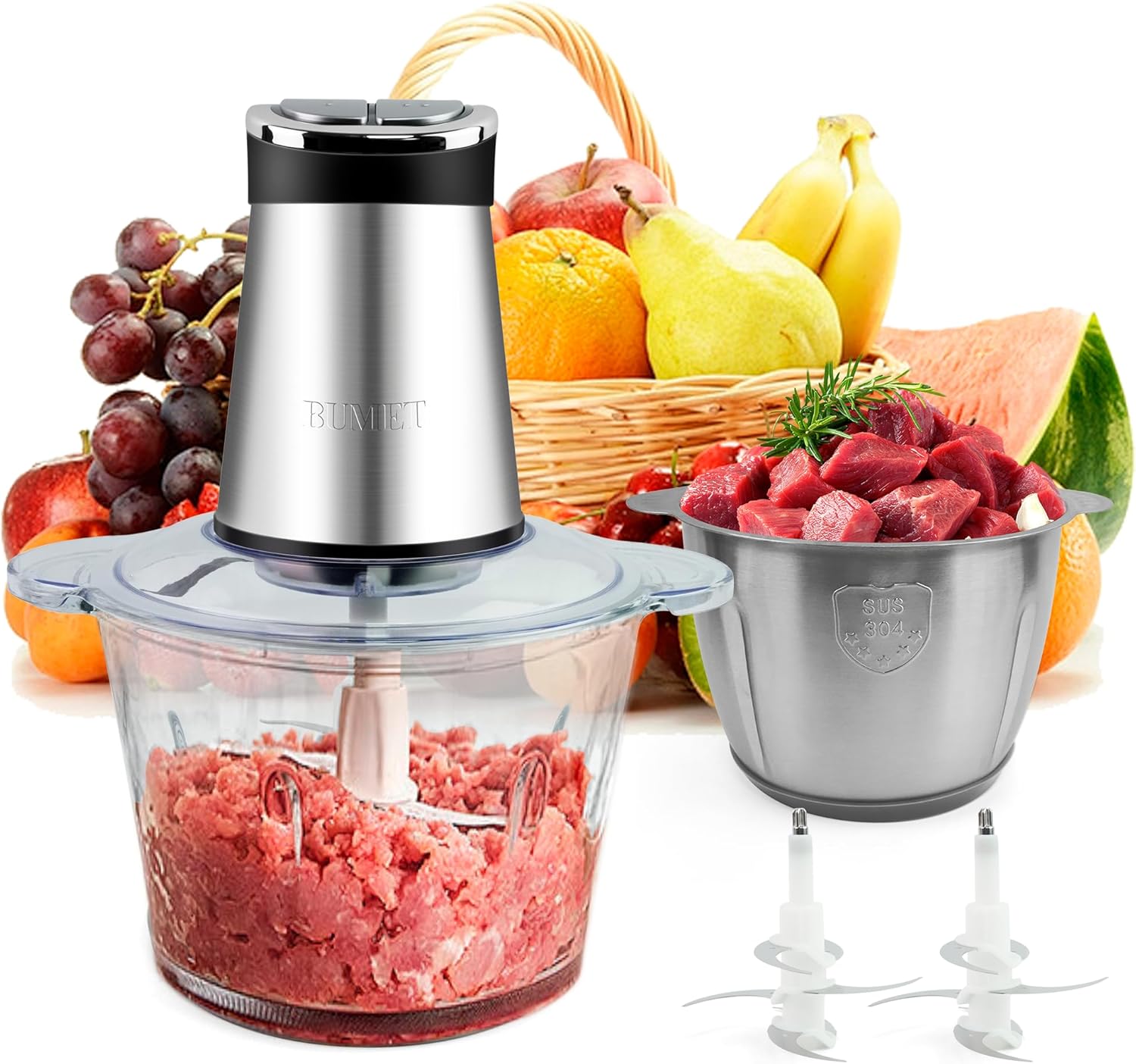 BUMET 2X12-cup bowls 800W Electric Food Processor with LED timer. 3-Tiered 6 Cutting Edges blade for mincing, chopping, Ideal as meat grinder, fresh vegetables chopper, pet food process in kitchen.