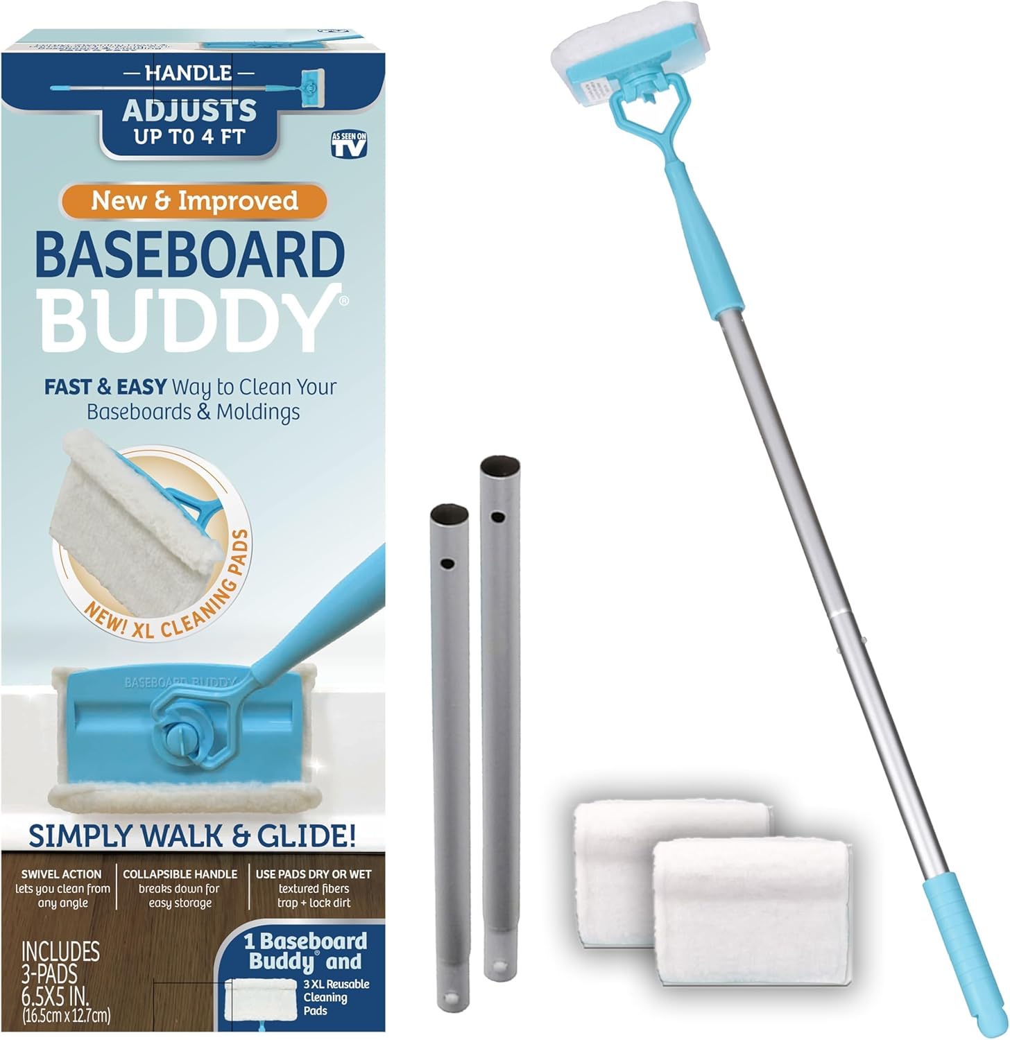 Baseboard Buddy | Lightweight Home Cleaning Essential, Perfect for Baseboards, Moldings & Walls, Glide & Wipe Trapping & Locking Dirt & Dust | As Seen on TV, (1 Baseboard Buddy & 3 Reusable Pads)