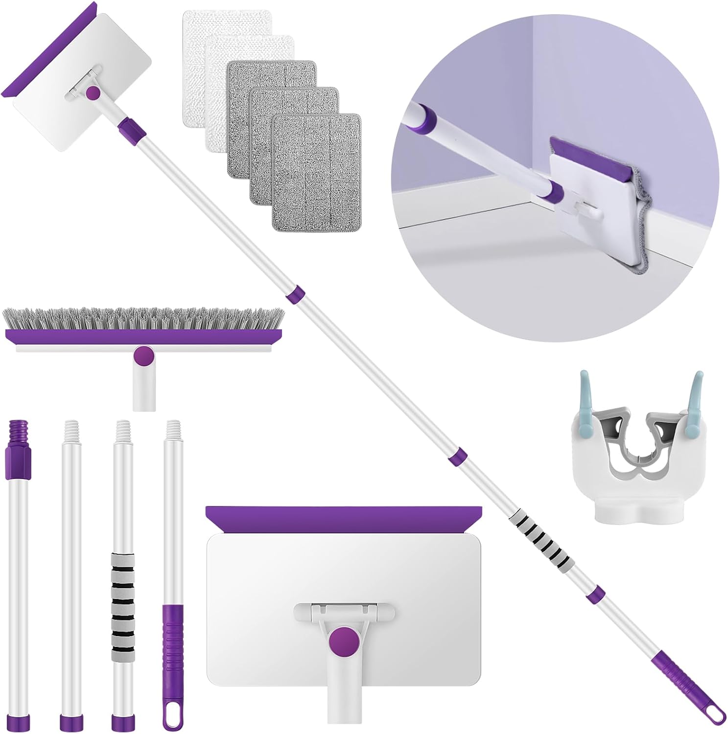 Baseboard Cleaner Tool with Handle, 60″ Extendable Long Handle Baseboard Cleaner with 5 Reusable Pads for Baseboards Cleaning, Ceiling, Wall, Floor, Bathroom Kitchen