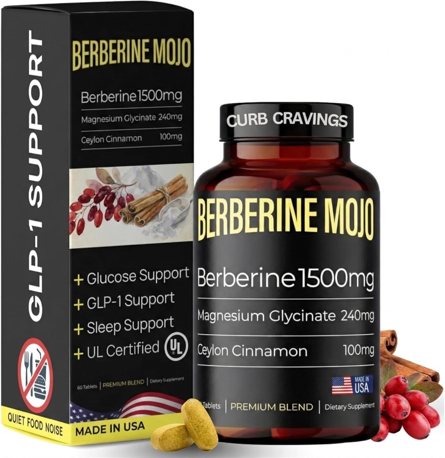 Berberine 1500mg Supplement with GLP-1 & Glucose Support – Berberine HCL, Magnesium Glycinate, Ceylon Cinnamon – Sugar Control & Weight Management Herbal Supplements – Made in USA, 60 Tablets