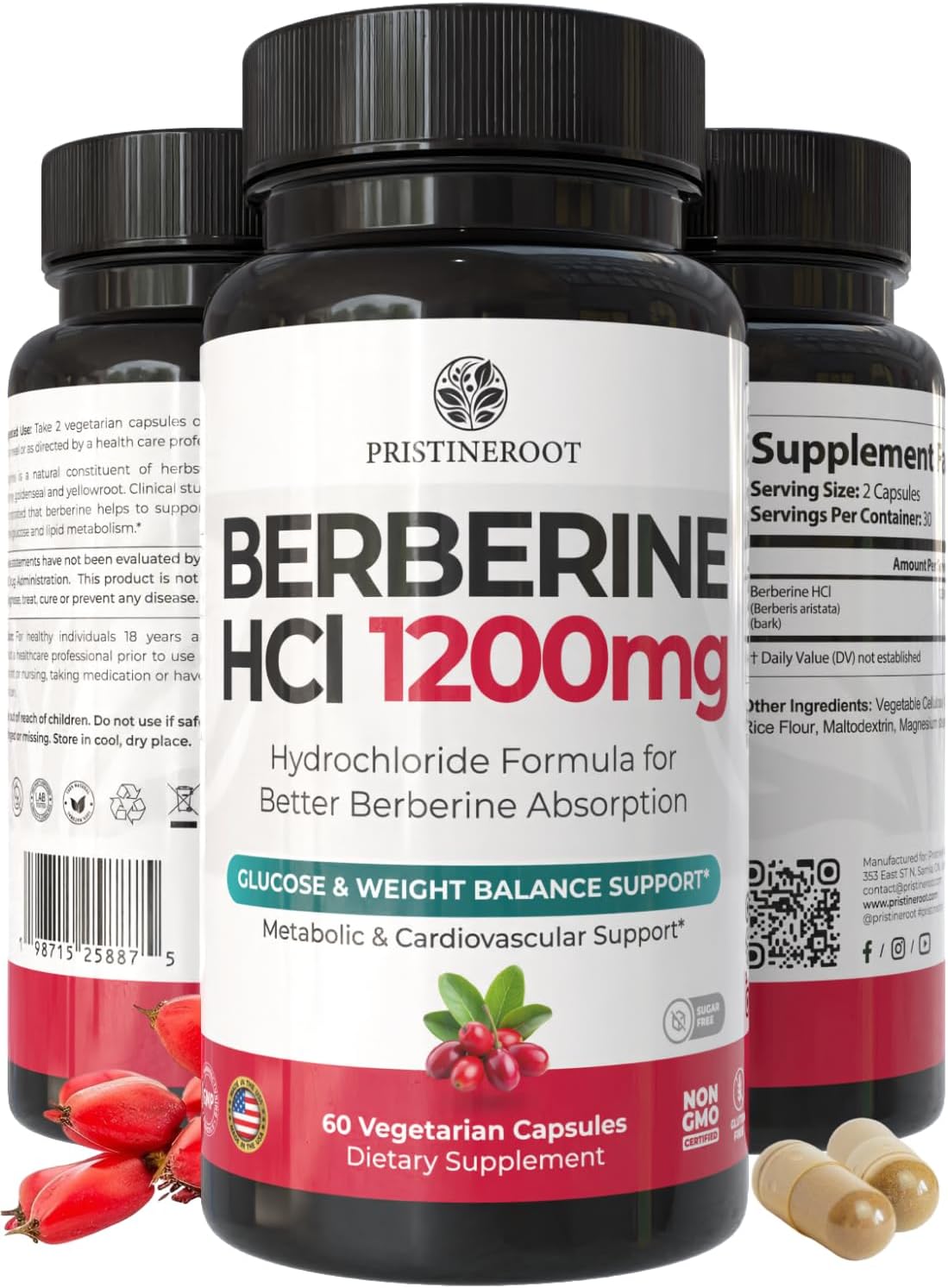 Berberine Supplement 1200mg – Organic Berberine Weight Loss, Metabolic & Heart Health Support – High Absorbency Pure Berberine HCl Formula – 60 Capsules