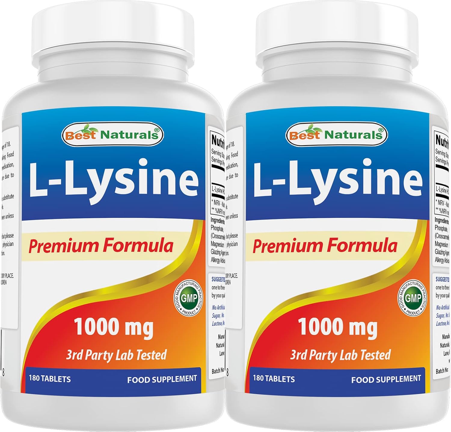 Best Naturals L-Lysine 1000mg 180 Tablets (180 Count (Pack of 1)) (2 Bottles)
