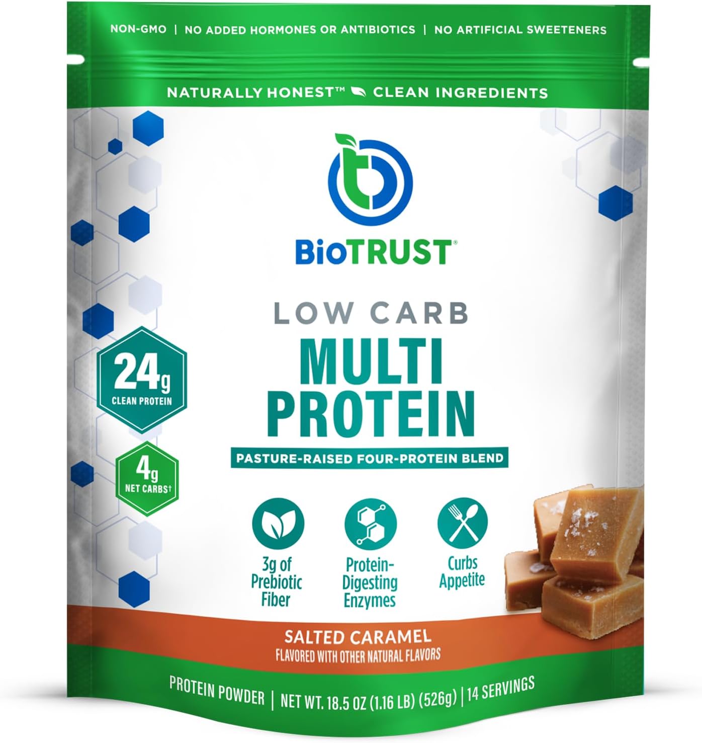 BioTrust Low Carb Protein Powder – Healthy Isolated Whey Protein Powder and Casein Blend from Grass-Fed, Pasture-Raised Cattle, Plus Digestive Enzymes – Salted Caramel, 14 Servings