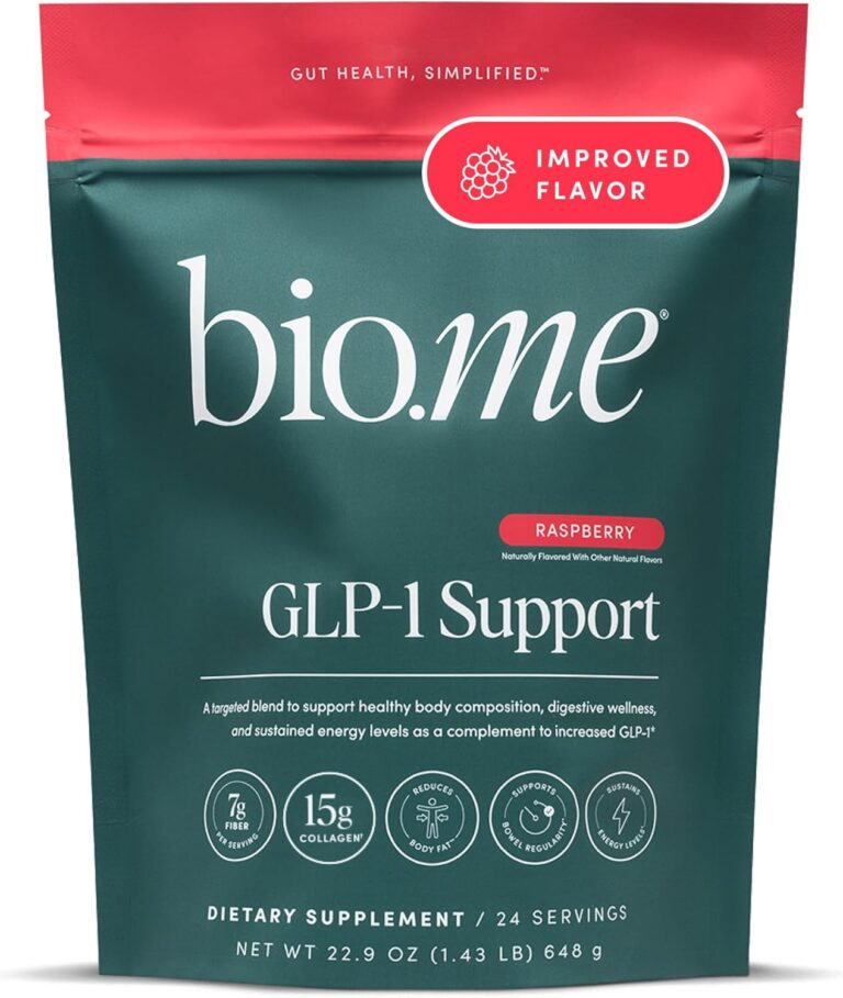 Bio.me GLP-1 Support – Multi-Benefit GLP-1 Powder for Weight Management & Digestive Health – Sustain Energy Levels - 7g Fiber, 14g Collagen Protein & Digestive Enzymes – 24 Servings (Raspberry)