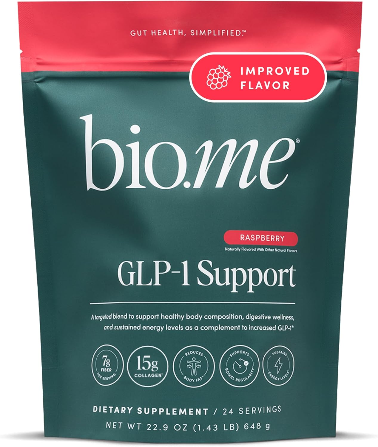 Bio.me GLP-1 Support – Multi-Benefit GLP-1 Powder for Weight Management & Digestive Health – Sustain Energy Levels – 7g Fiber, 14g Collagen Protein & Digestive Enzymes – 24 Servings (Raspberry)