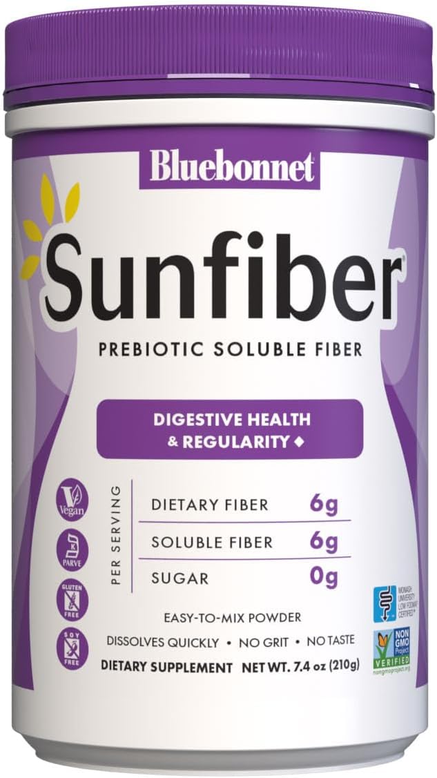 BlueBonnet Nutrition Sunfiber – 6 g of Plant Based Prebiotic Soluble Fiber – Supports Digestive Health* – Instant Dissolve – Non-GMO, Vegan, Kosher, Low-FODMAP – Unflavored, 7.4 OZ, 30 Servings