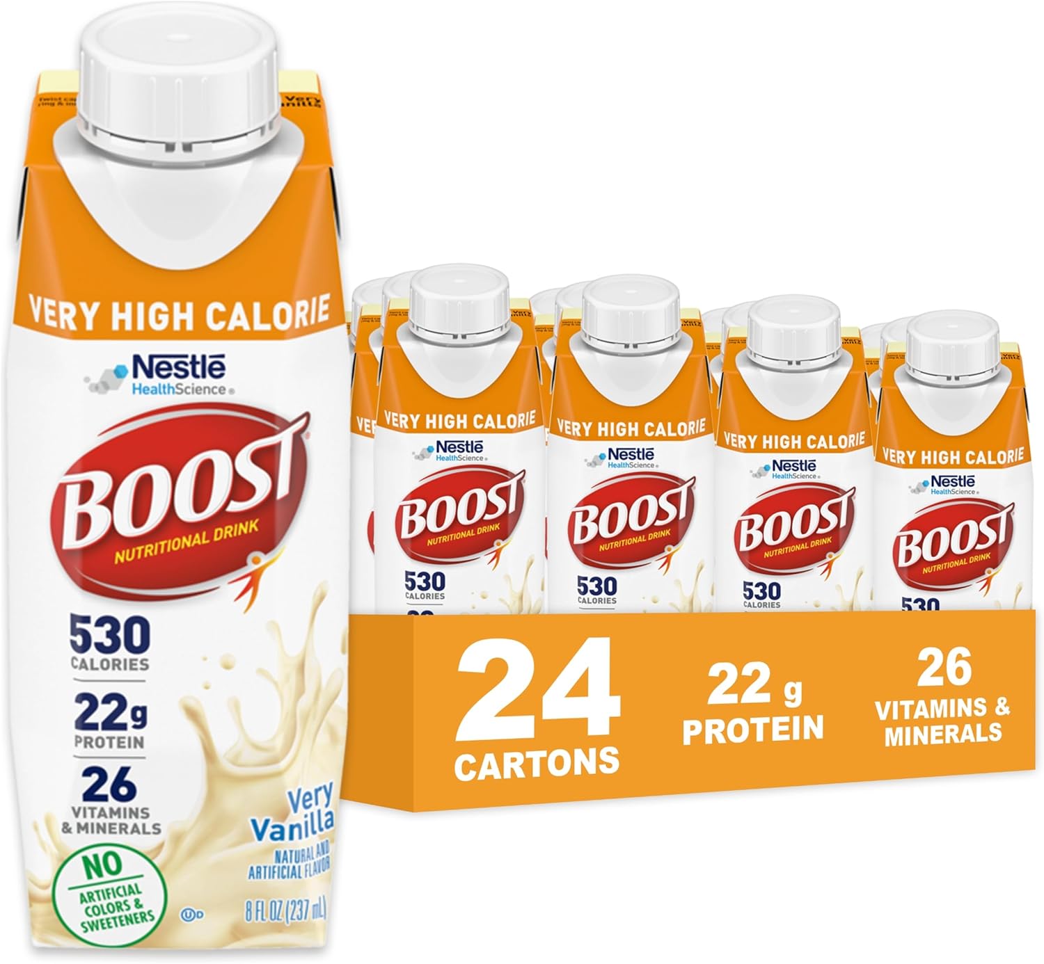 Boost Very High Calorie Vanilla Nutritional Drink – 22g Protein, 530 Nutrient Rich Calories, 8 Fl Oz (Pack of 24)