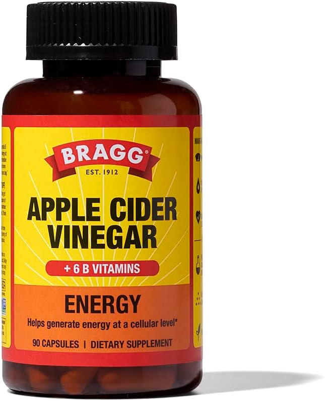 Bragg Energy Apple Cider Vinegar Capsules with B-12 Vitamins – 90 Capsules – Weight Management – Non-GMO, Vegan, Gluten Free, No Sugar – Helps Generate Energy at Cellular Level for Men and Women