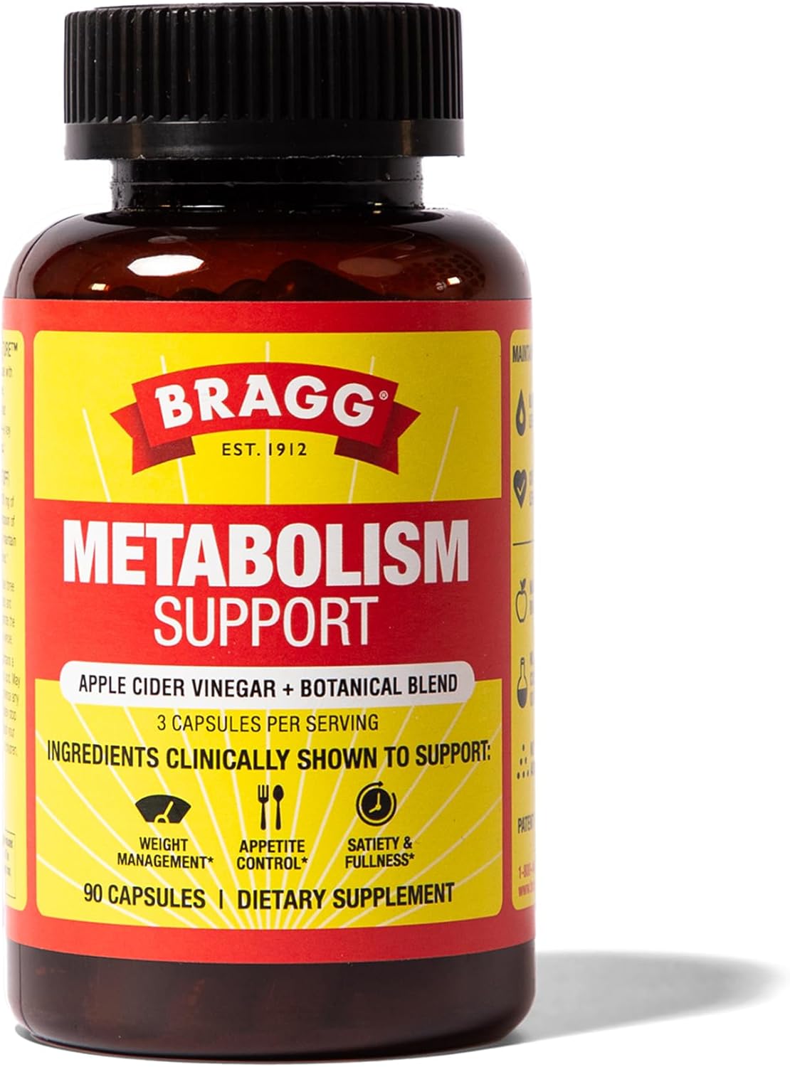 Bragg Metabolism Support Apple Cider Vinegar Capsules with Botanical Blend – 90 Capsules – Increased GLP-1 Support for Weight Management, Appetite Control, and Fullness