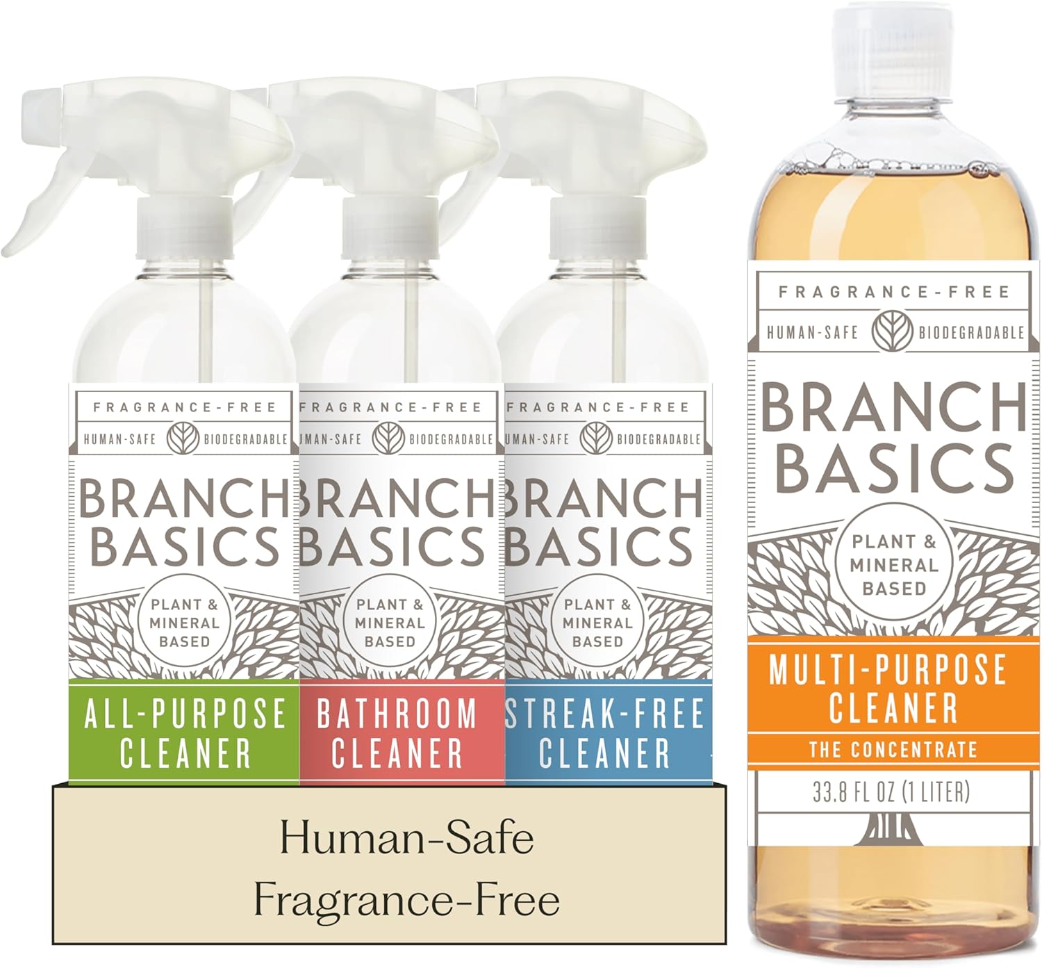 Branch Basics Cleaning Essentials Kit: All Purpose, Glass and Bathroom Cleaner – Concentrate (33.8 Oz) (17 Refills) + Refillable Plastic Spray Bottles (24 Oz) Plant Based, Human-Safe, & Fragrance Free