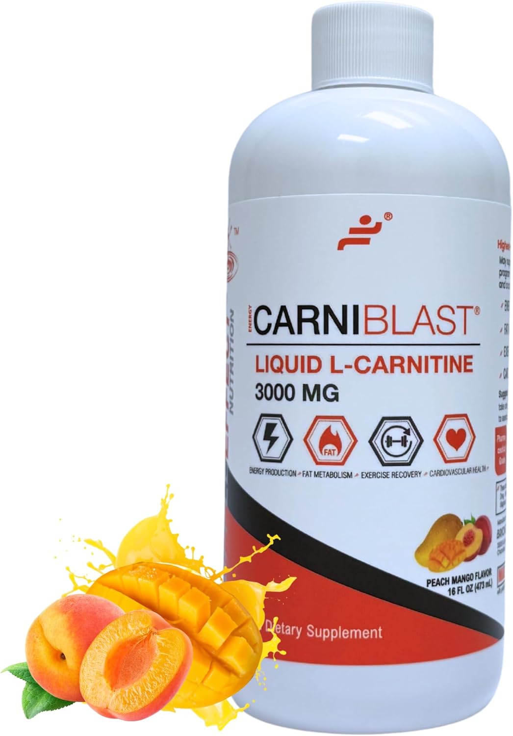 Bricker Labs CARNIBLAST Liquid L-Carnitine 3000mg Carnipure® Sports Nutrition Supplement for Energy, Stamina & Workout Recovery Peach Mango Flavor, 16 Fl Oz, Vegan, Gluten-Free, Non-GMO