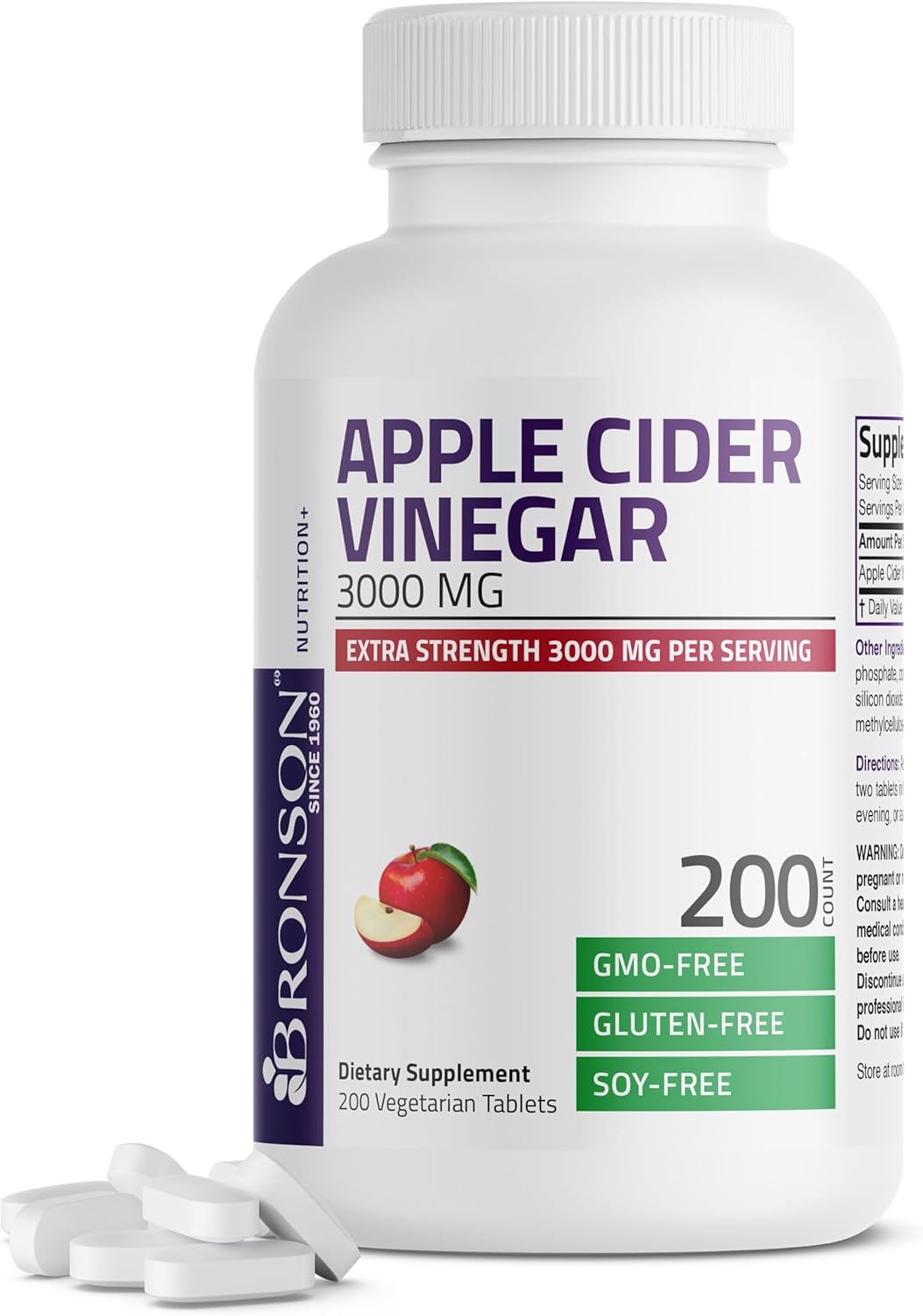 Bronson Apple Cider Vinegar 3000 MG per Serving Extra Strength – Non-GMO, 200 Vegetarian Tablets