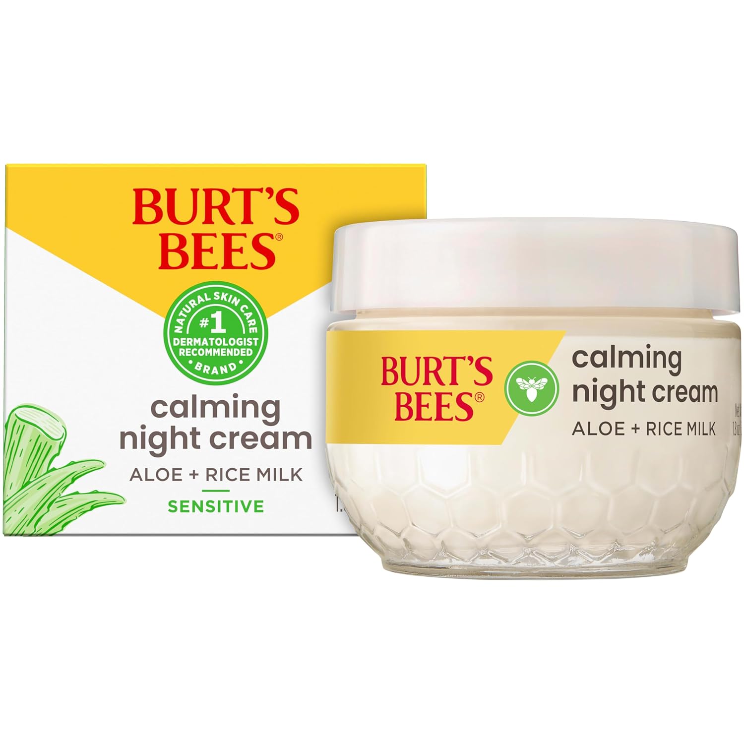Burt’s Bees Calming Night Cream With Aloe and Rice Milk, Face Moisturizer For Sensitive Skin Infuses Skin With Moisture While You Sleep, 98.8 Percent Natural Origin Skin Care, 1.8 oz. Tub