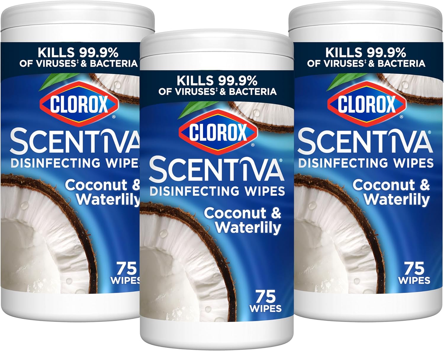 CLOROX Scentiva Disinfecting Wipes, Coconut and Waterlily, 75 Count (Pack of 3)