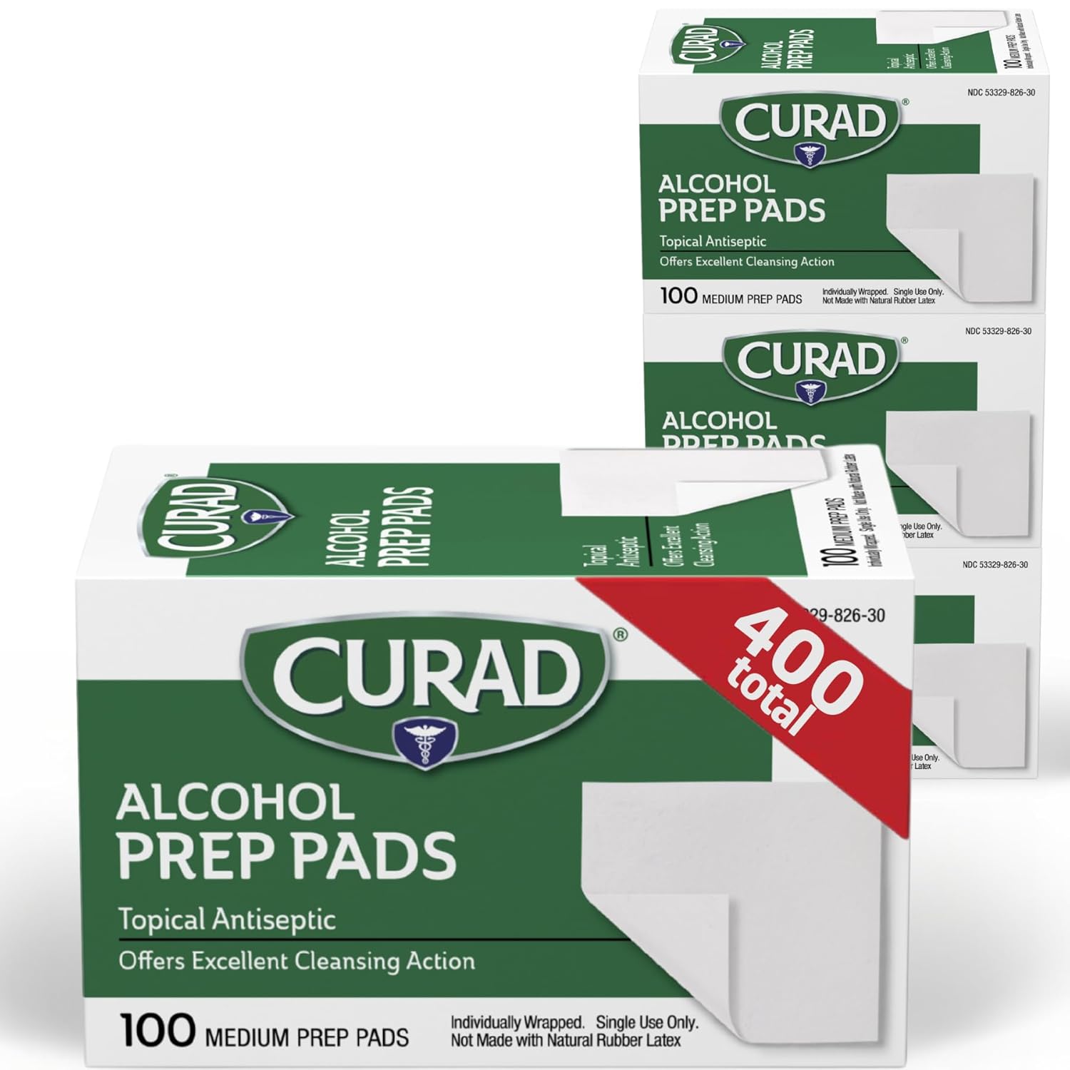 CURAD Alcohol Prep Pads (Pack of 4 Boxes) | 400 Pieces of Medium Isopropyl Alcohol Wipes Individually Wrapped | First Aid Alcohol Swabs for Cuts & Scrapes | Medical Alcohol Pads for General Cleansing