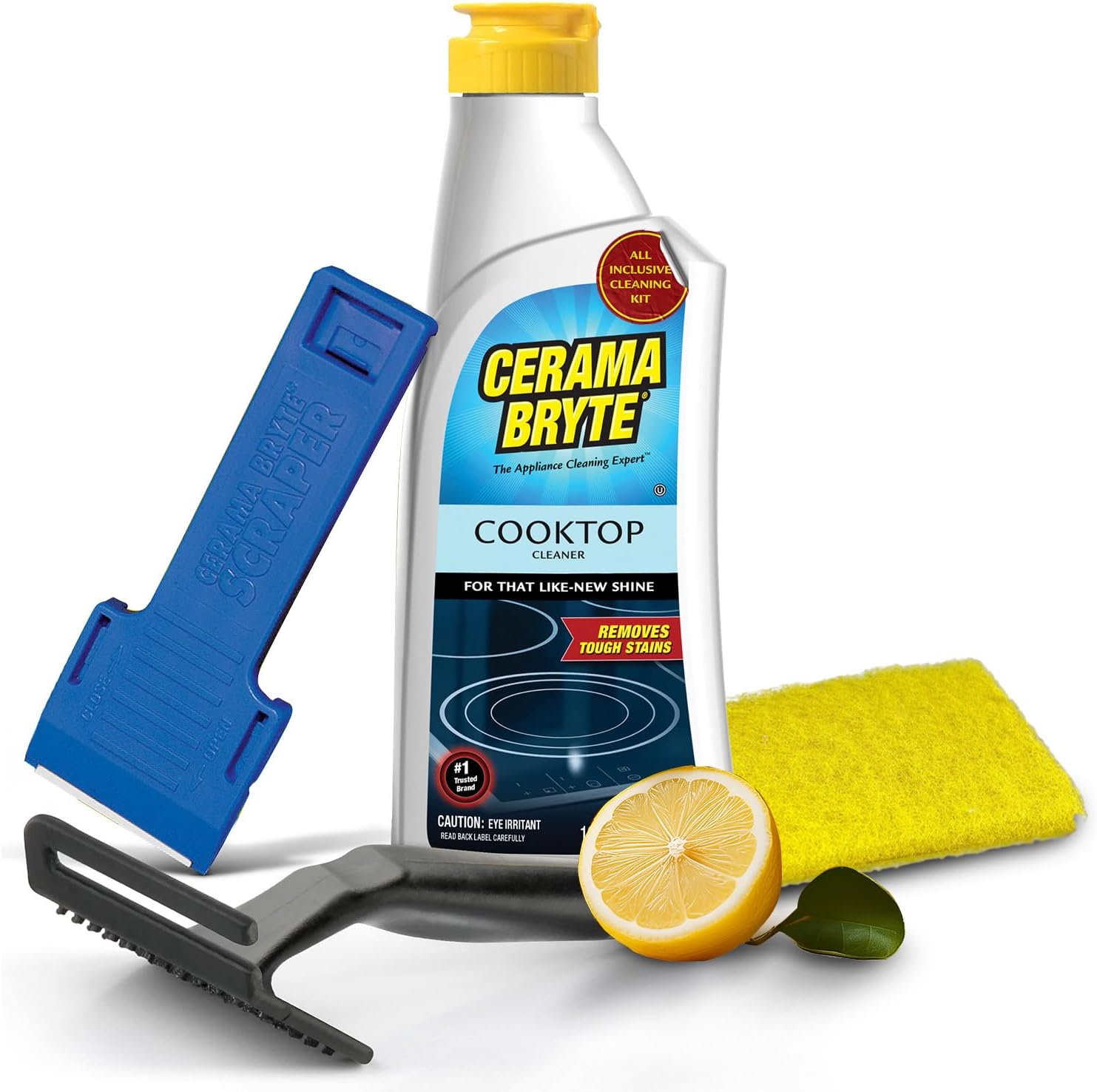 Cerama Bryte Glass Cooktop and Stove Top Cleaner Combo Kit – Includes Cleaning Tool, Razor, Scraper and 1 Pad to Remove Tough Stains – Use on Gas, Electric, Ceramic Surfaces, 10 Ounces, 4 Piece
