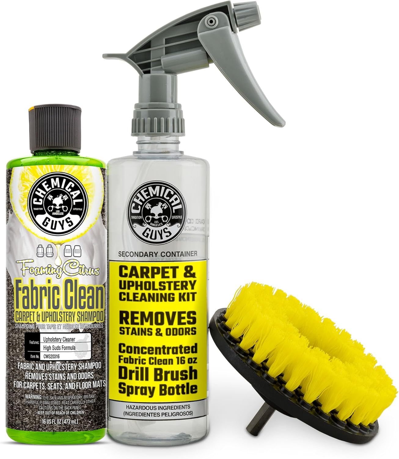 Chemical Guys Foaming Citrus Fabric Clean Drill Brush Kit – High Foaming Stain and Odor Remover, Upholstery, Floor Mat & Car Carpet Cleaner, Deep Cleans & Deodorizes, Citrus Scent – 16 fl oz
