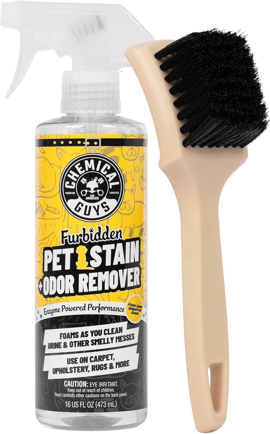 Chemical Guys Pet Mess Cleaning Kit, Furbidden Odor Eliminator 16 oz with Interior Detailing Brush Cleans, Pet Smells, Hair and Light Dirt for Cars Trucks SUVs Home Interiors and Upholstery Care