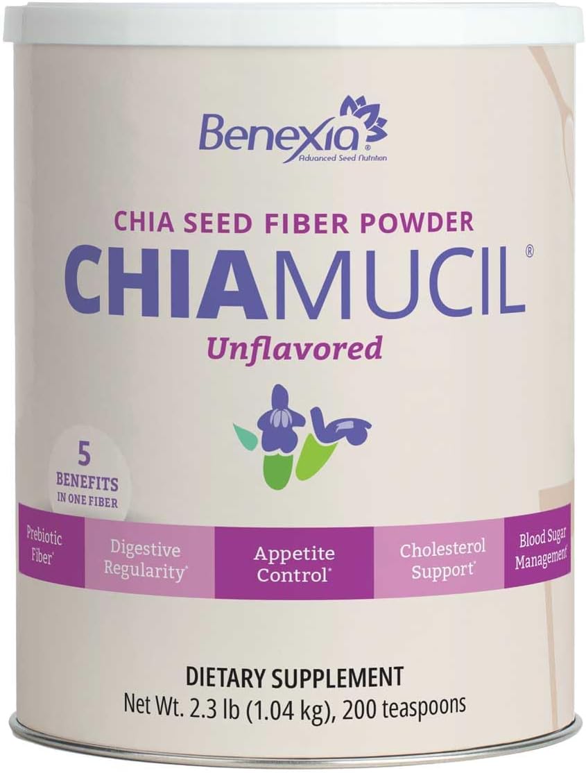 Chiamucil Prebiotic Chia Fiber Supplement Powder – For Appetite Control & Digestive Health – Chia Fiber & Chicory Root (Inulin) – Gluten & Sugar Free, Vegan, Non-GMO, Unflavored – 100 servings