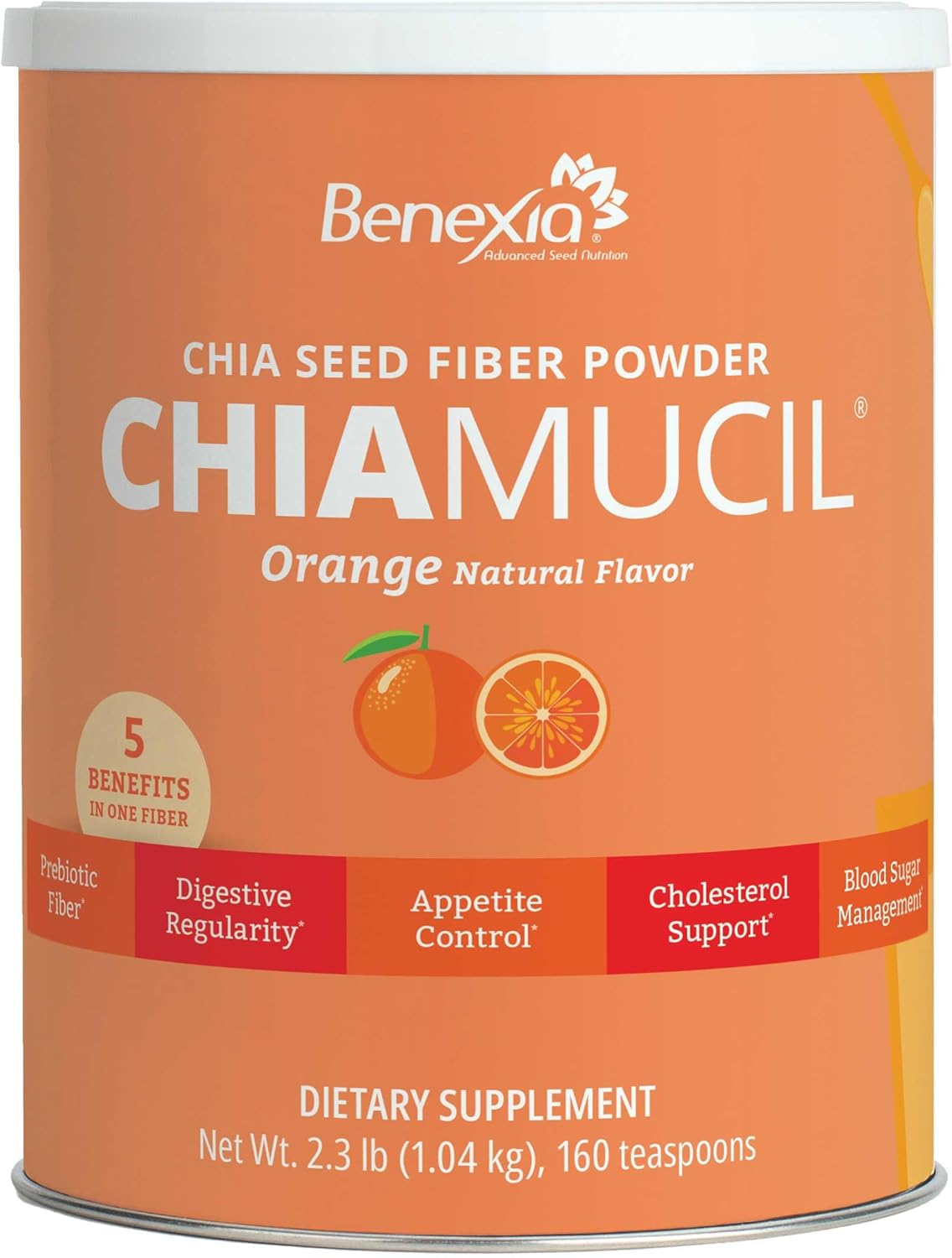 Chiamucil Prebiotic Fiber Supplement Powder – Chia Fiber & Chicory Root (Inulin) for Digestive Health & Appetite Control – Gluten & Sugar Free, Vegan, Non-GMO, Orange – 80 Servings