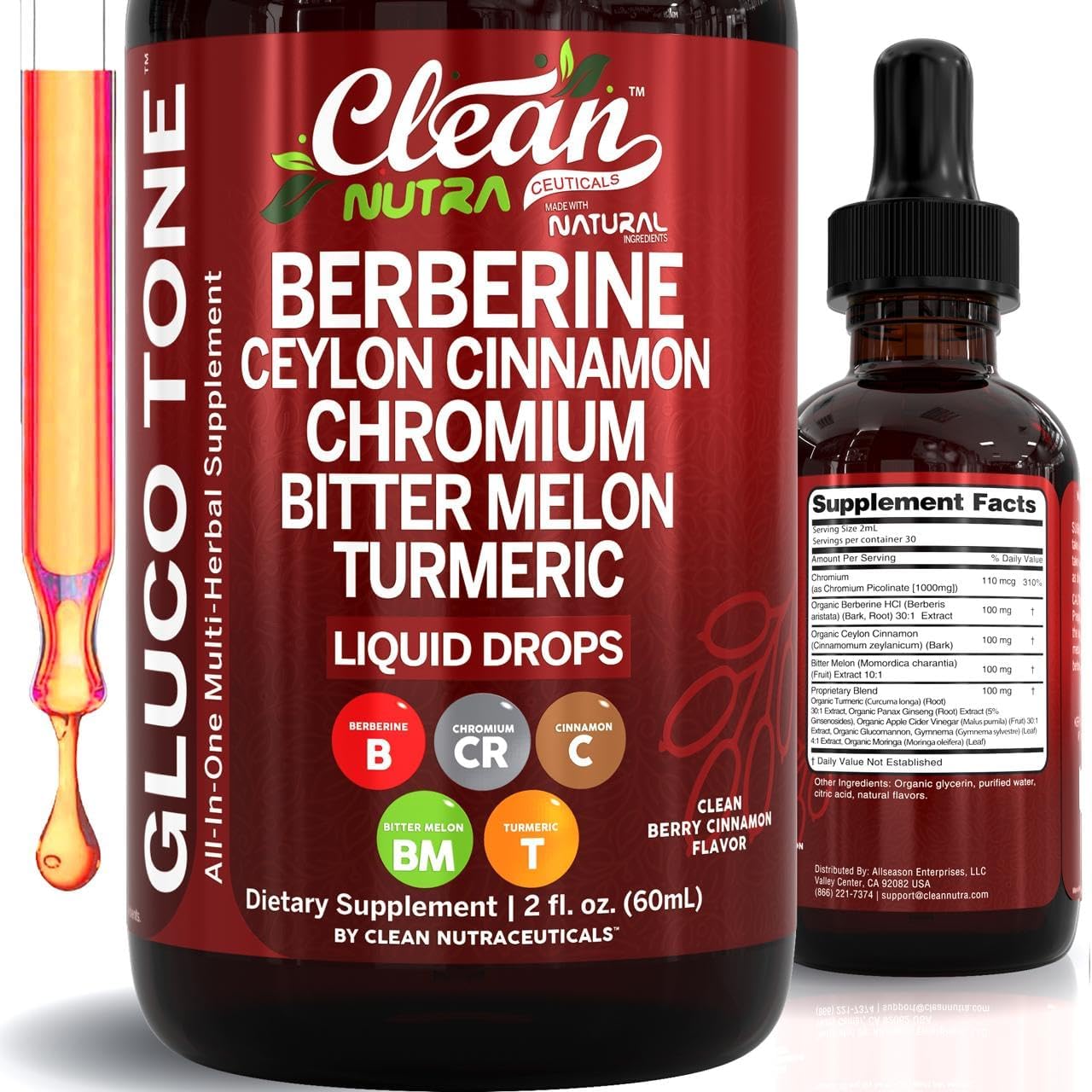 Clean Nutra Berberine with Ceylon Cinnamon Supplement Liquid Drops + Bitter Melon Extract, Glucomannan, Gymnema, Chromium, Turmeric, Organic Panax Ginseng, Moringa GLP-1 Support