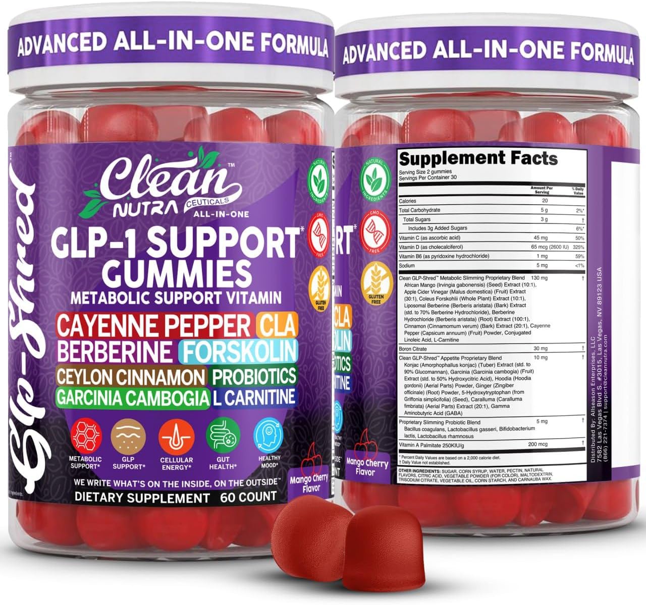 Clean Nutra Gummies with Cayenne Pepper, CLA, Berberine, Forskolin, Ceylon Cinnamon, Probiotics, Garcinia Cambogia & L-Carnitine | Mango Cherry Flavor | 60 Count Chewable Supplement Gummies