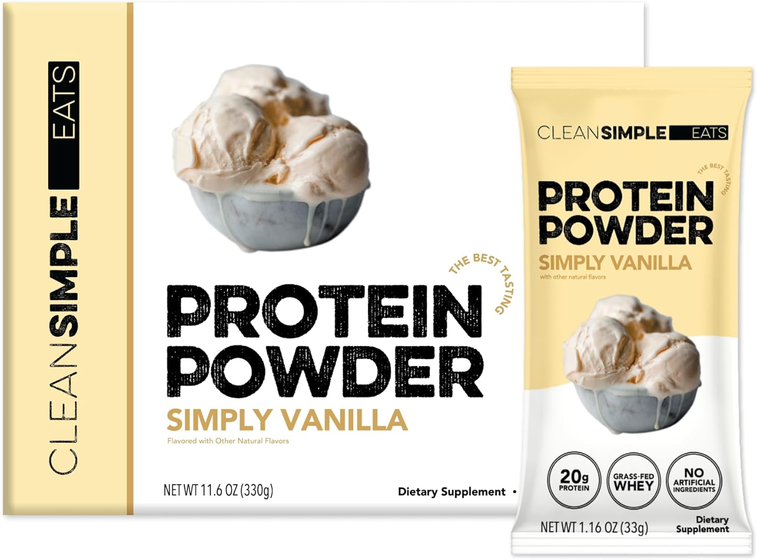 Clean Simple Eats Whey Protein Powder, Simply Vanilla Flavor Naturally Sweetened, 100% Grass Fed Protein Powder with Digestive Enzymes & No Artificial Ingredients, Gluten Free, 10 Stick Packs