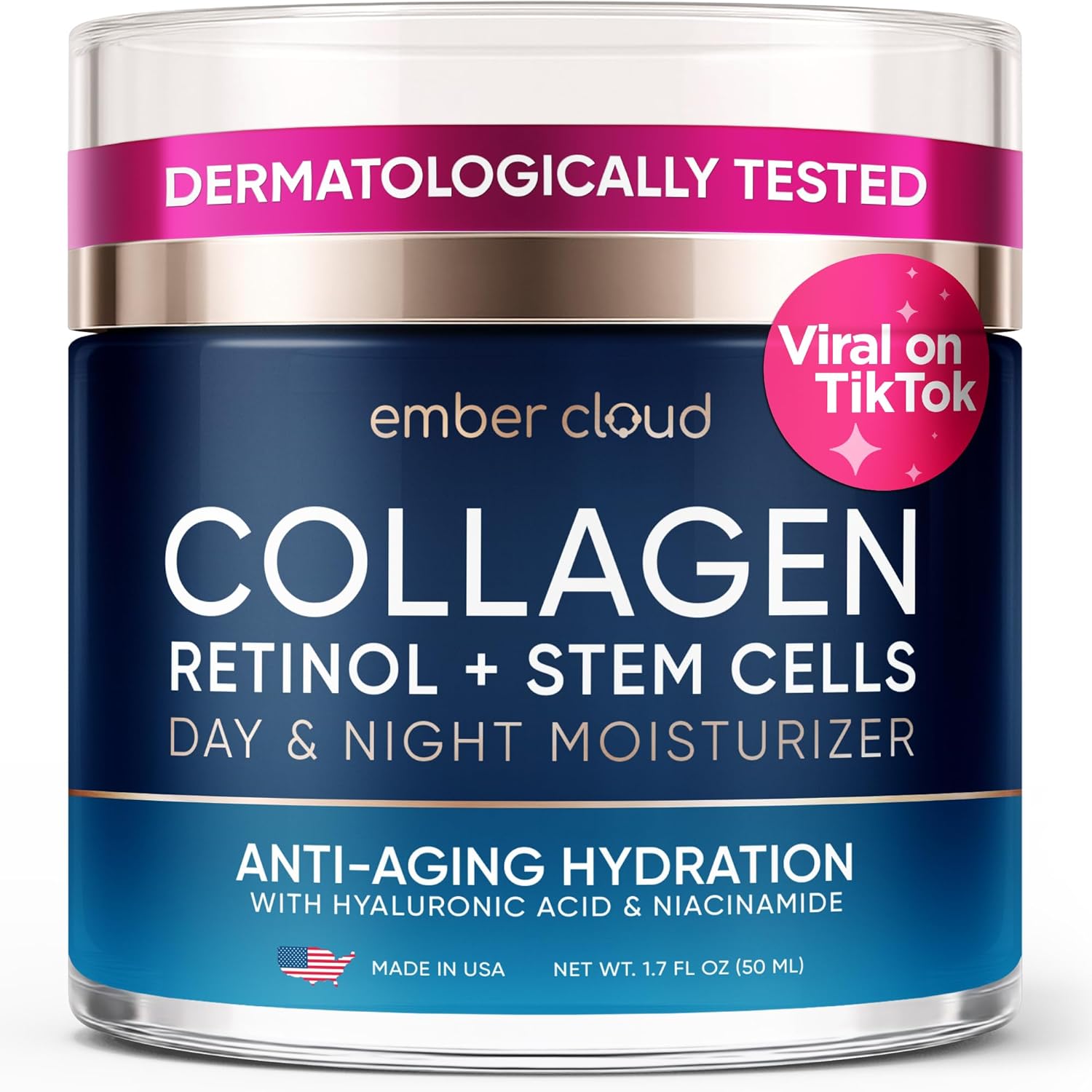 Collagen Face Cream with Stem Cells Retinol Hyaluronic Acid Niacinamide for All Skin Types – Anti-Aging Face Moisturizer with Airless Pump – Day & Night Cream for Wrinkles – Made in USA 1.7 Oz