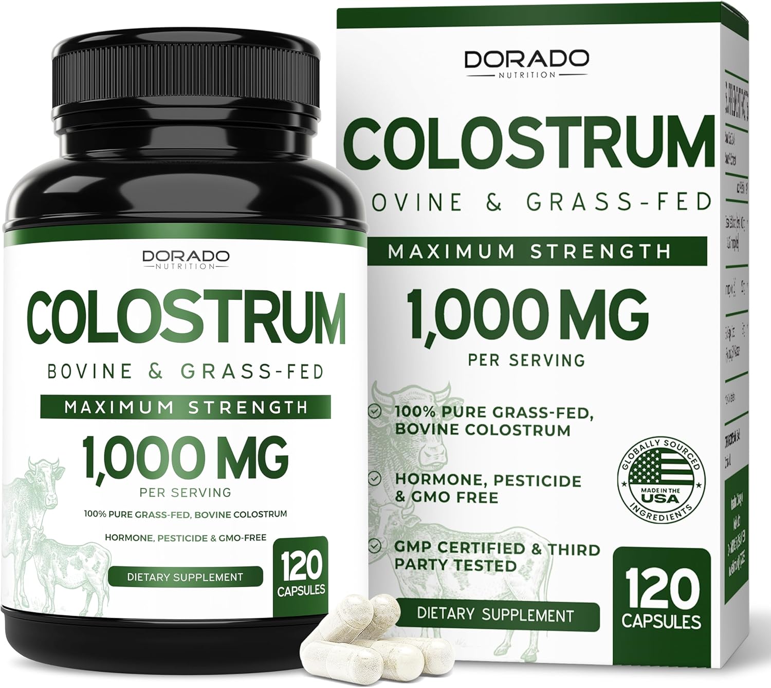 Colostrum Supplement (120 Count) 1000mg Per Serving (Bovine Colostrum Capsules from First Milking Only, Std. to Contain 20% IgG Immunoglobulins) – Grass Fed, No Fillers, Third Party Tested – USA Made