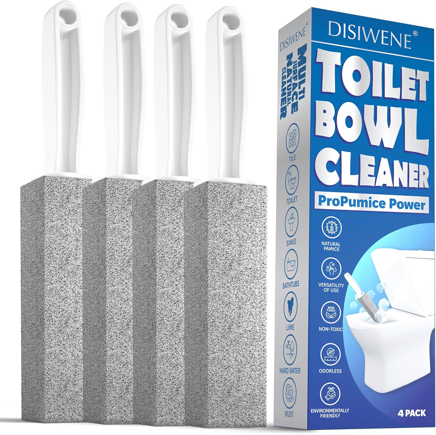 DISIWENE Pumice Cleaning Stone with Handle Toilet Bowl Cleaner Hard Water Ring Remover for Bath/Pool/Kitchen/Household Cleaning (4, 4 Pack with Handle)