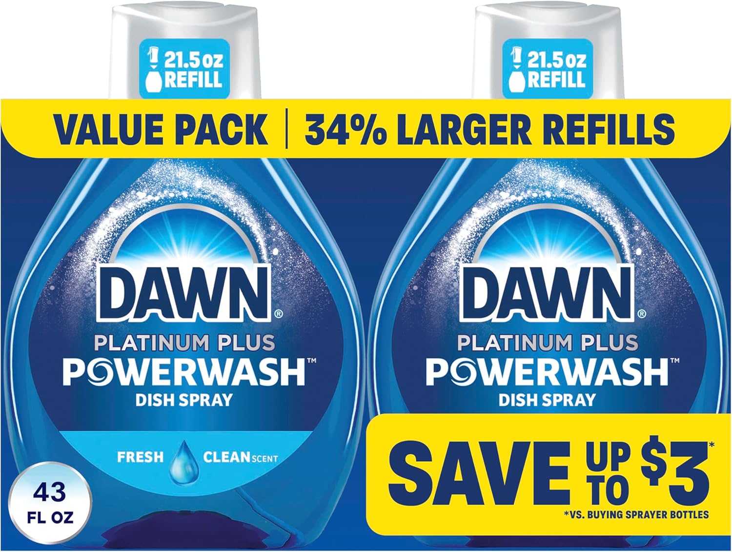 Dawn Powerwash Fresh Dish Spray, Liquid Dish Soap, Dish Soap Refill, Dish Detergent Liquid, 2 Refills, 2×21.5 Fl Oz