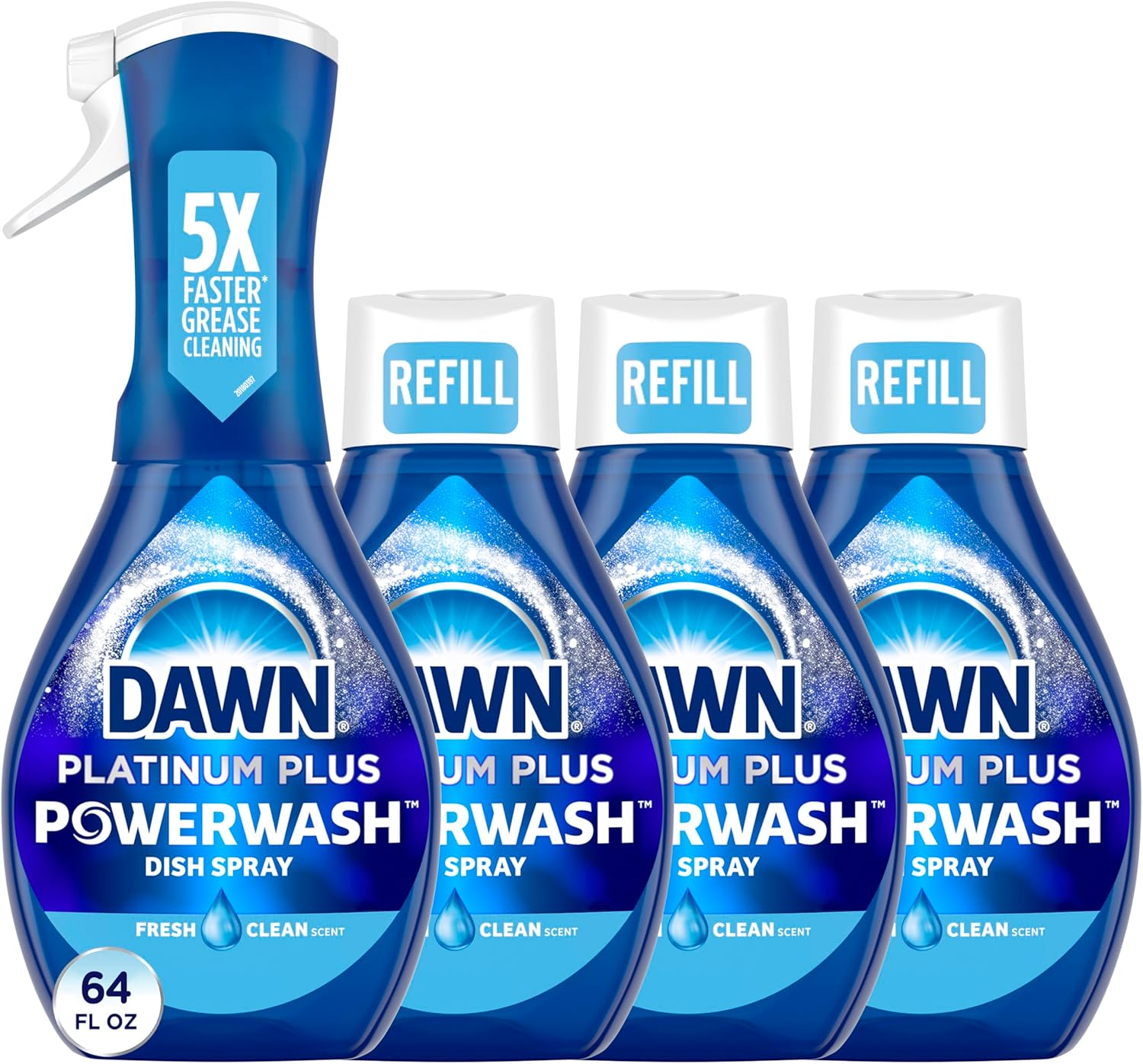 Dawn Powerwash Spray, Dish Soap, Dishwashing Liquid, Fresh, 1 Starter Kit + 3 Refills, 4×16 Fl Oz