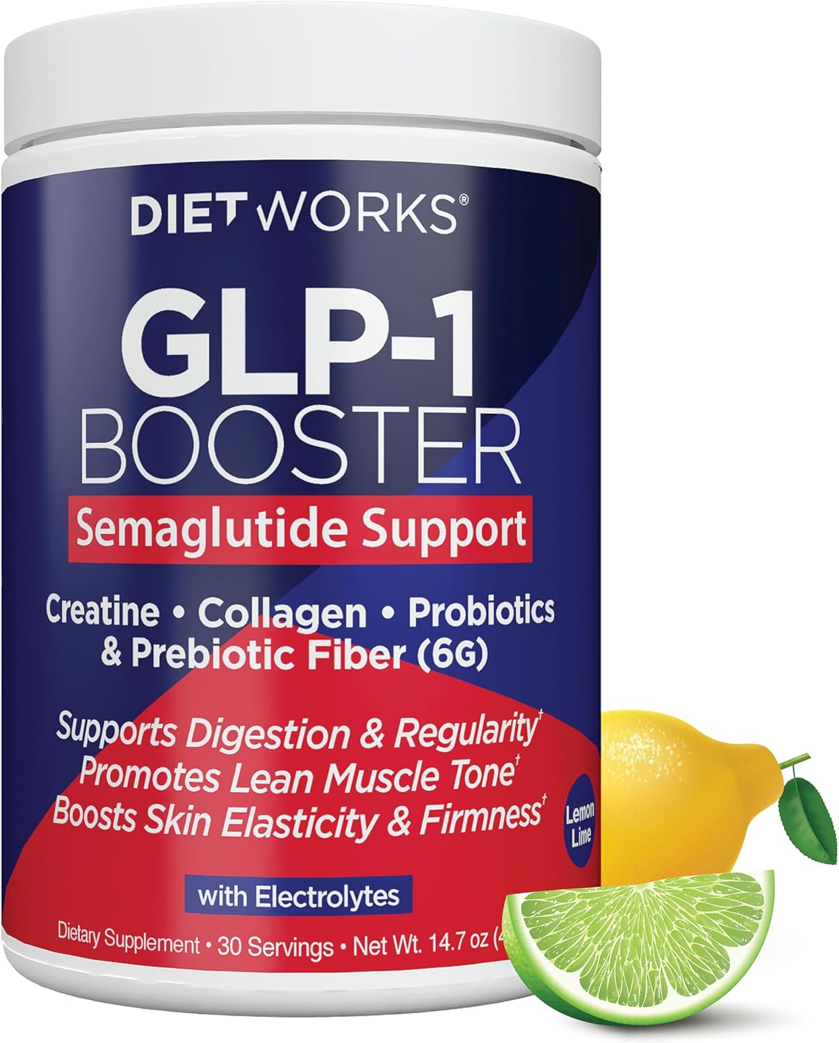 DietWorks GLP-1 Booster – Daily Companion Drink Mix with 6g Prebiotic Fiber, Probiotics, Collagen & Creatine – Supports Gut Health, Hydration, Energy & Wellness – Lemon Lime Flavor, 30 Servings