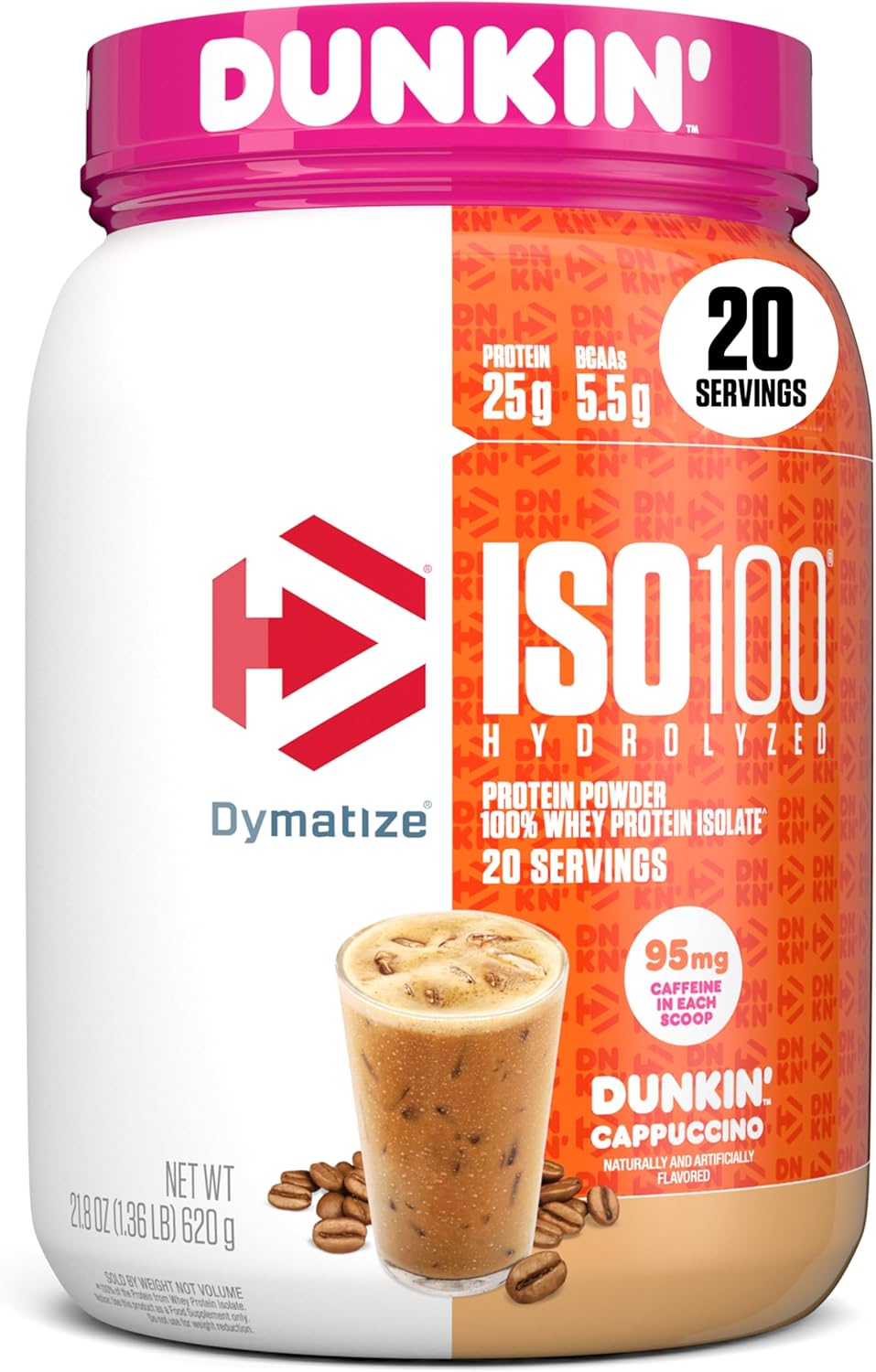 Dymatize x Dunkin’ Cappuccino ISO100 Whey Protein Powder, 95mg Caffeine, 25g of Protein5.5g BCAAs, 120 Cal., Gluten Free, 1g Fat, 1g Sugar, 2g Carb (20 Servings)