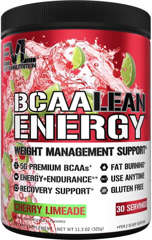 EVL BCAA Lean Energy Powder – Pre Workout Green Tea Fat Burner Support with BCAAs Amino Acids and Clean Energizers – Post Workout Recovery Drink for Lean Muscle Recovery – Cherry Limeade