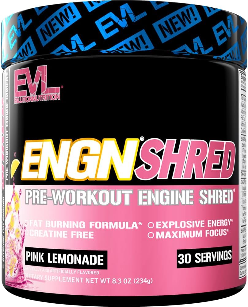 EVL Ultimate Pre Workout Powder – Thermogenic Fat Burn Support Preworkout Powder Drink for Lasting Energy Focus and Stamina – ENGN Shred Intense Creatine Free Preworkout Drink Mix – Pink Lemonade