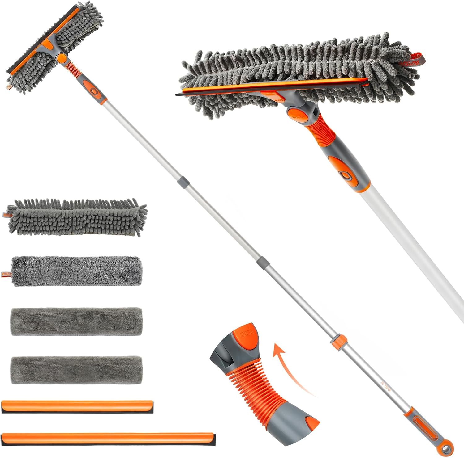 Eazer 2-in-1 Window Cleaner Tool, 64” Window Squeegee for Home, Window Cleaning Squeegee Kit with Telescopic Pole, Window Washing Kit with Rotatable Bendable Head(Threaded + Telescopic)