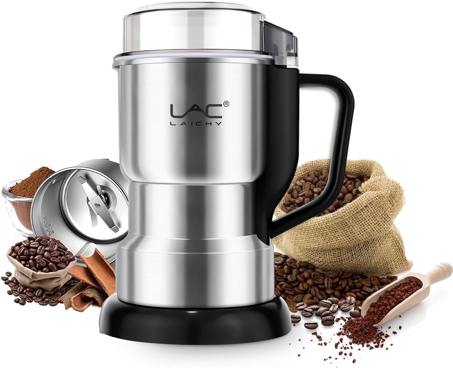 Electric Coffee Grinder & Spice Grinder, 150W Fast Grinding with Stainless Steel Blades | for Coffee Beans, Spices, Seeds, Herbs | Dry Food Mill | Mini Kitchen Grinder (With handle)