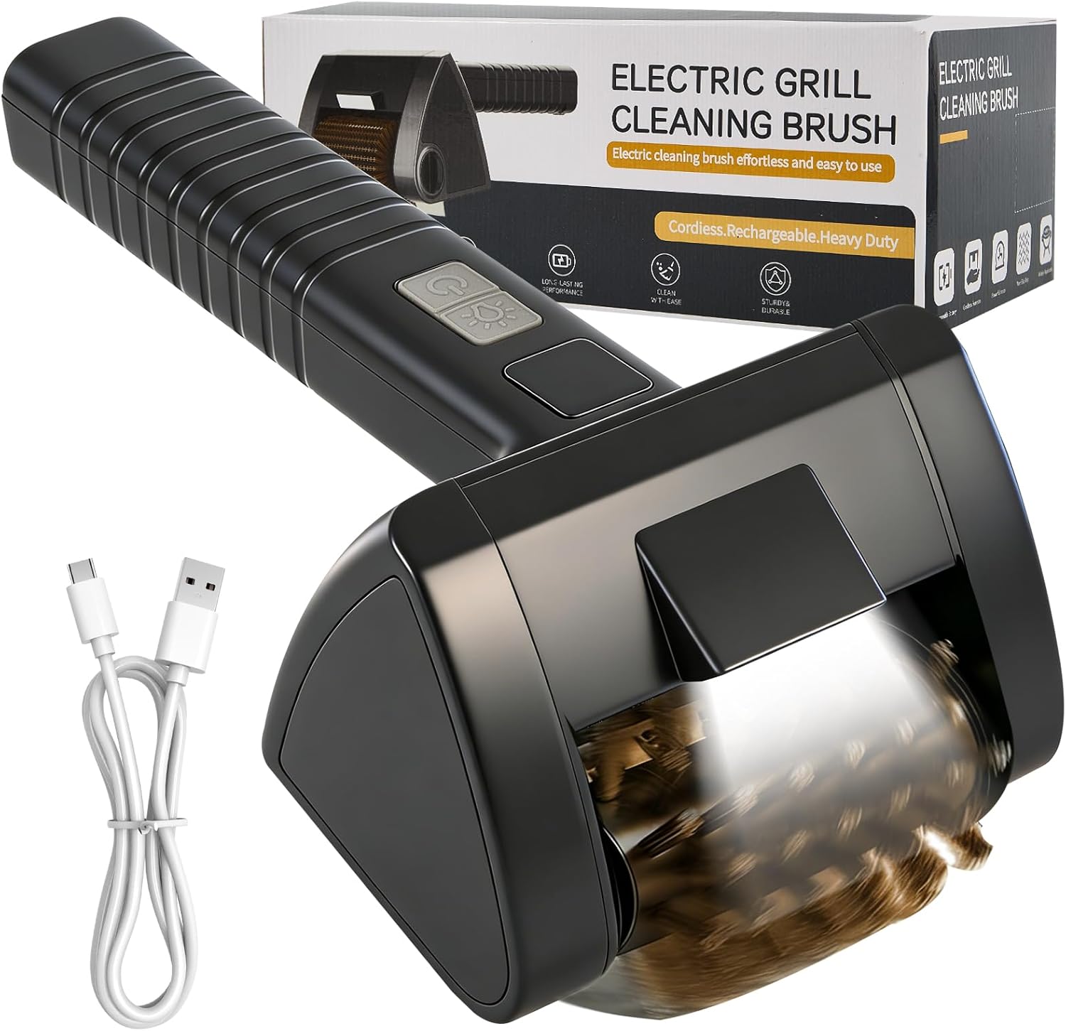 Electric Rotary Grill Brush for Outdoor Grill – Two Speed Automatic Cleaner with 304 Removable Stainless Steel Head, BBQ Grate & Outdoor Cordless Rechargeable Grill Cleaning Tool for BBQ, Home