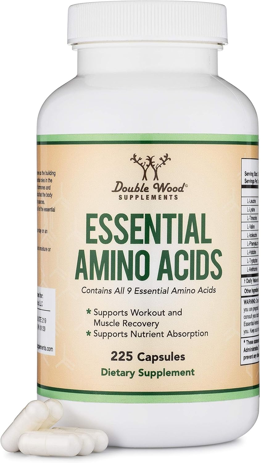 Essential Amino Acids – 1 Gram Per Serving Powder Blend of All 9 Essential Aminos (EAA) and All Branched-Chain Aminos (BCAAs) (Leucine, Isoleucine, Valine) 225 Capsules, Gluten Free by Double Wood