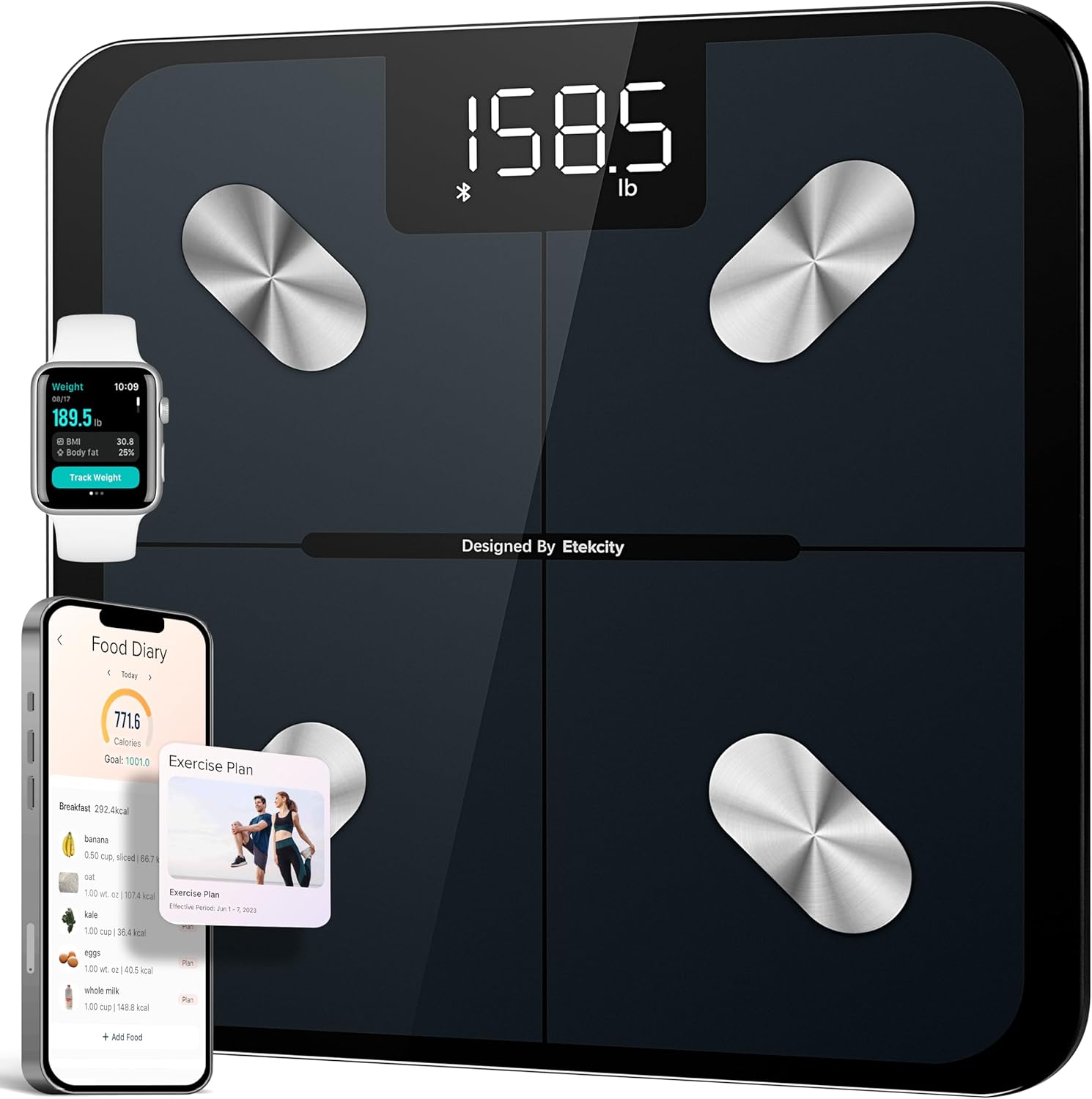 Etekcity Smart Scale for Body Weight, FSA&HSA Eligible, Bathroom Digital Weighing Scale with BMI, Body Fat, Muscle Mass, Accurate Bluetooth Home User Health Equipment Sync Apps, LED, Tempered glass