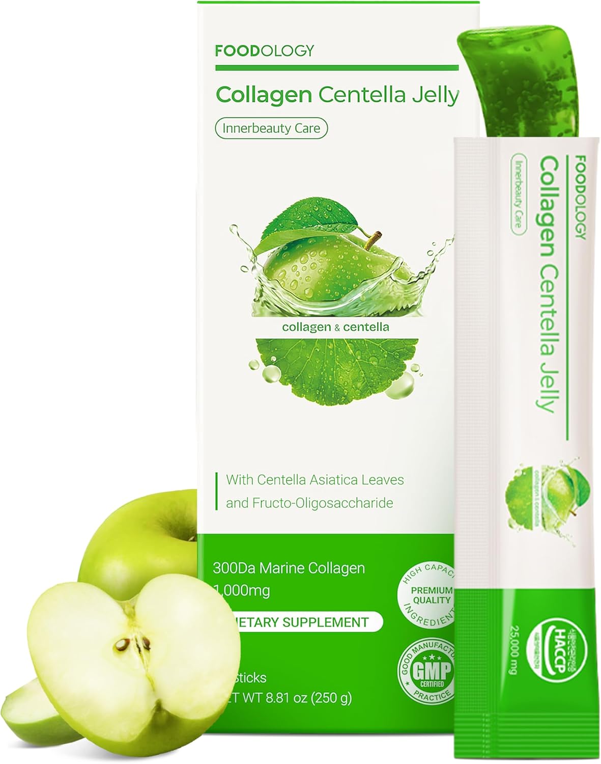 FOODOLOGY Collagen Centella Jelly (Green Apple) – Collagen Peptide with PDRN – Biotin, Vitamin A & E for Skin Glow, Hair & Nails – Korean Beauty Supplement – 10 Sticks