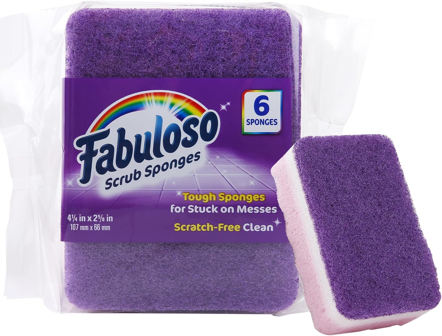 Fabuloso Scratch-Free Kitchen Dish Sponges, Purple Cellulose Scrubber Sponge with Scouring Pad for Dishes, Pots, Pans, Counters and Sinks, Tough on Messes, 4.25 x 2.75 x 1.25 in, 6 Count