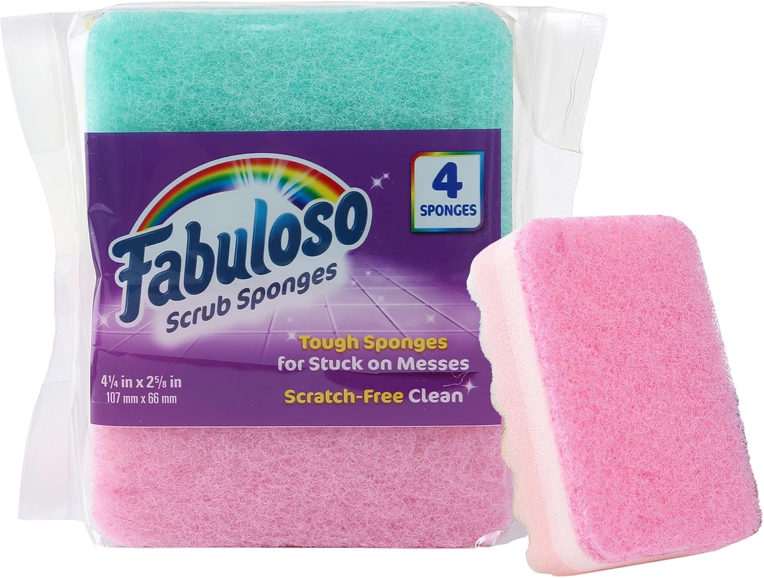 Fabuloso Scratch-Free Kitchen Dish Sponges, Rainbow Cellulose Scrubber Sponge with Scouring Pad for Dishes, Pots, Pans, Counters and Sinks, Tough on Messes, 4.25 x 2.75 x 1.25 in, 4 Count