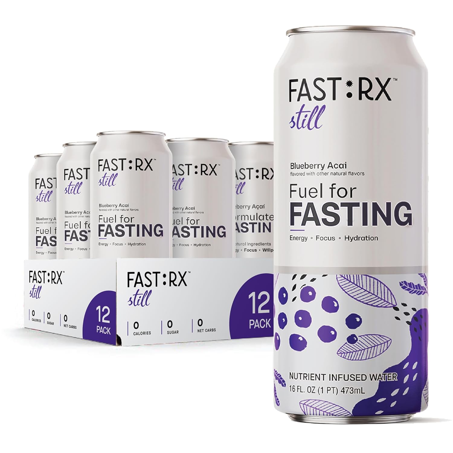 Fasting Electrolytes – Hunger Suppressant with Vitamins & Minerals – FAST:RX Blueberry Acai Still – Sugar-Free – Zero Calories – Zero Carbs – 16Oz, 12-Pack