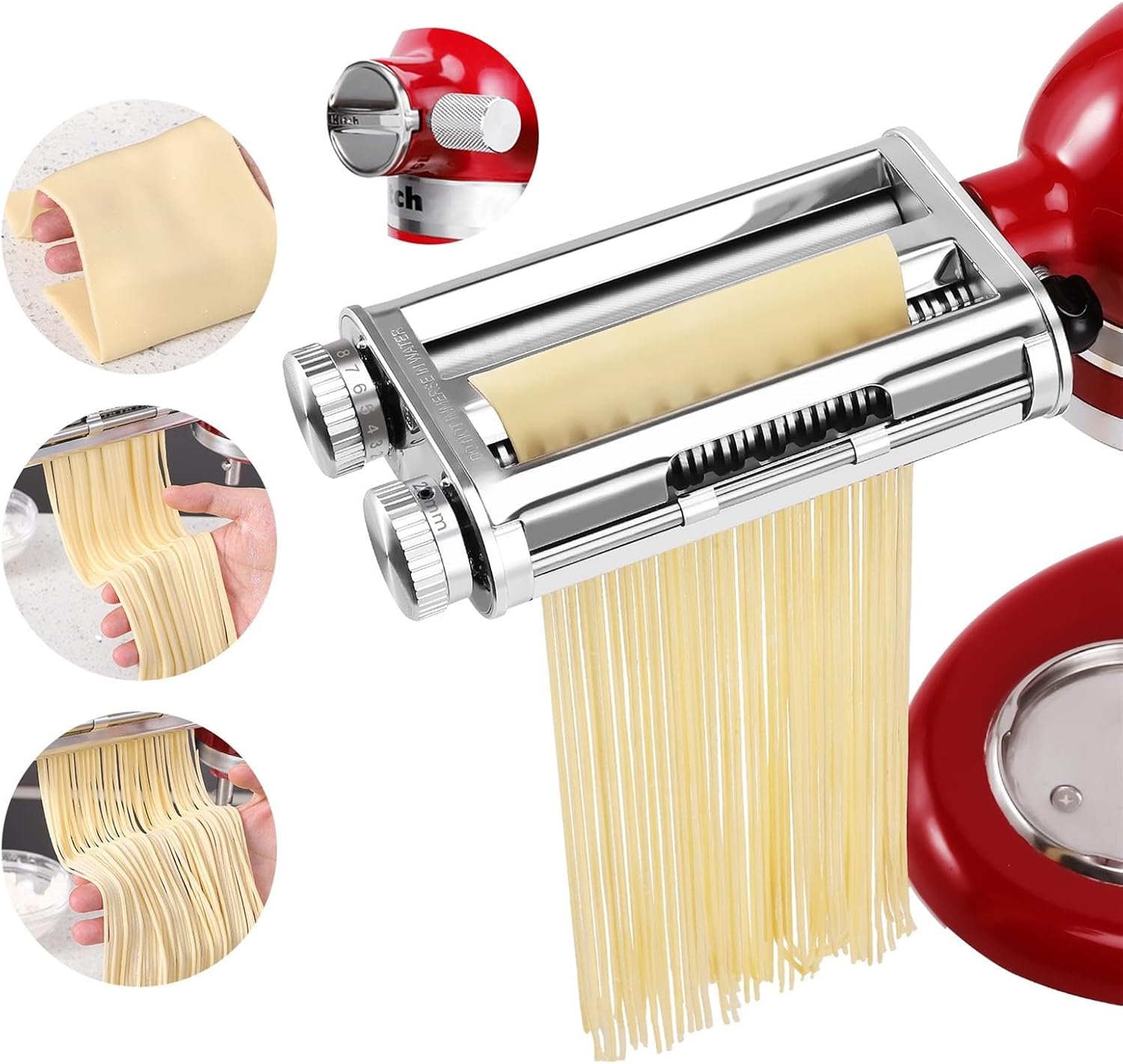FavorKit Pasta Noodle Maker Attachment Set for KitchenAid Mixers Plus Hub Knob Screw Accessory Included Dough Sheet Roller, Spaghetti & Fettuccine Cutters-Unique Design