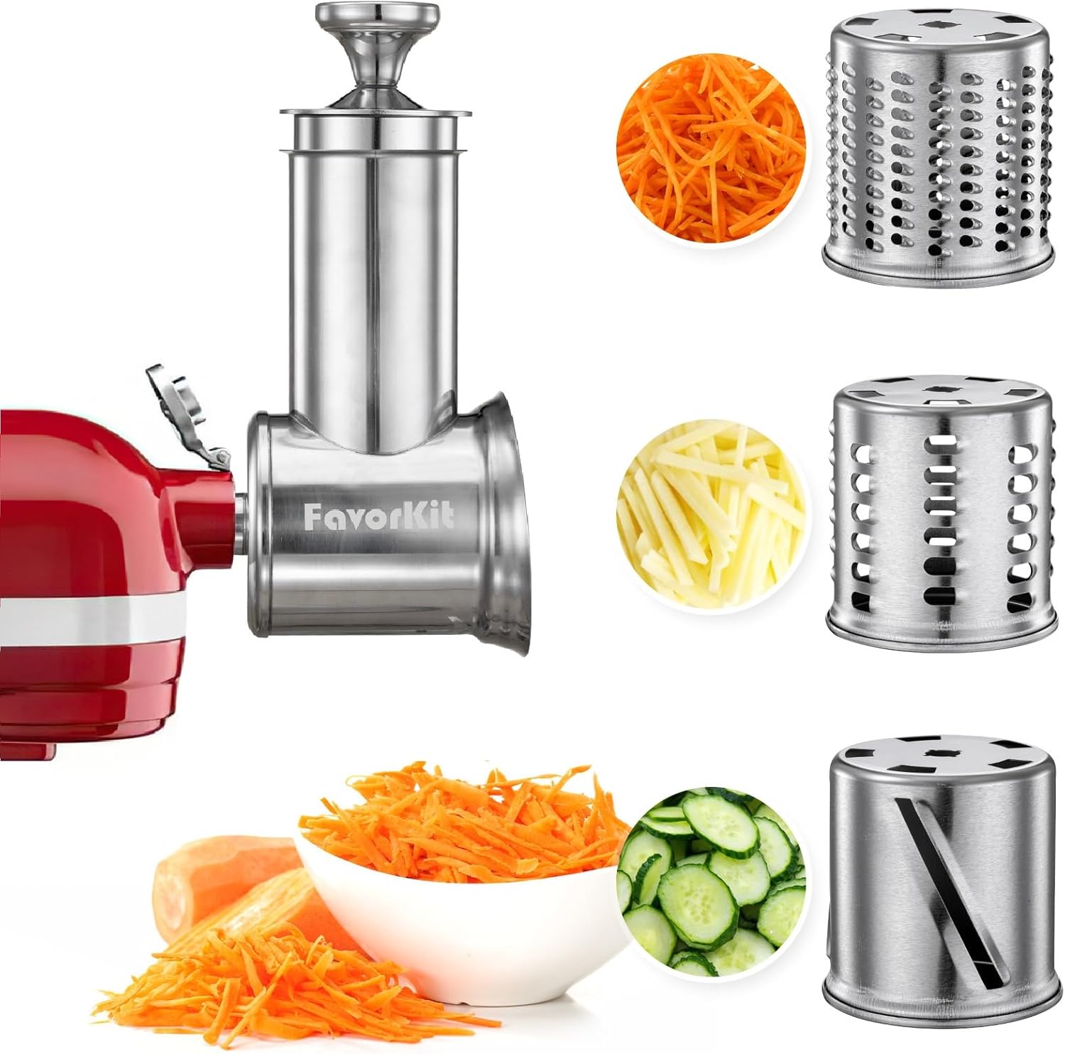 FavorKit Slicer Shredder Attachment for KitchenAid Mixers, Stainless Steel Cheese Grater Salad Maker Accessories with 3 Cutting Blades,Dishwasher Safe!