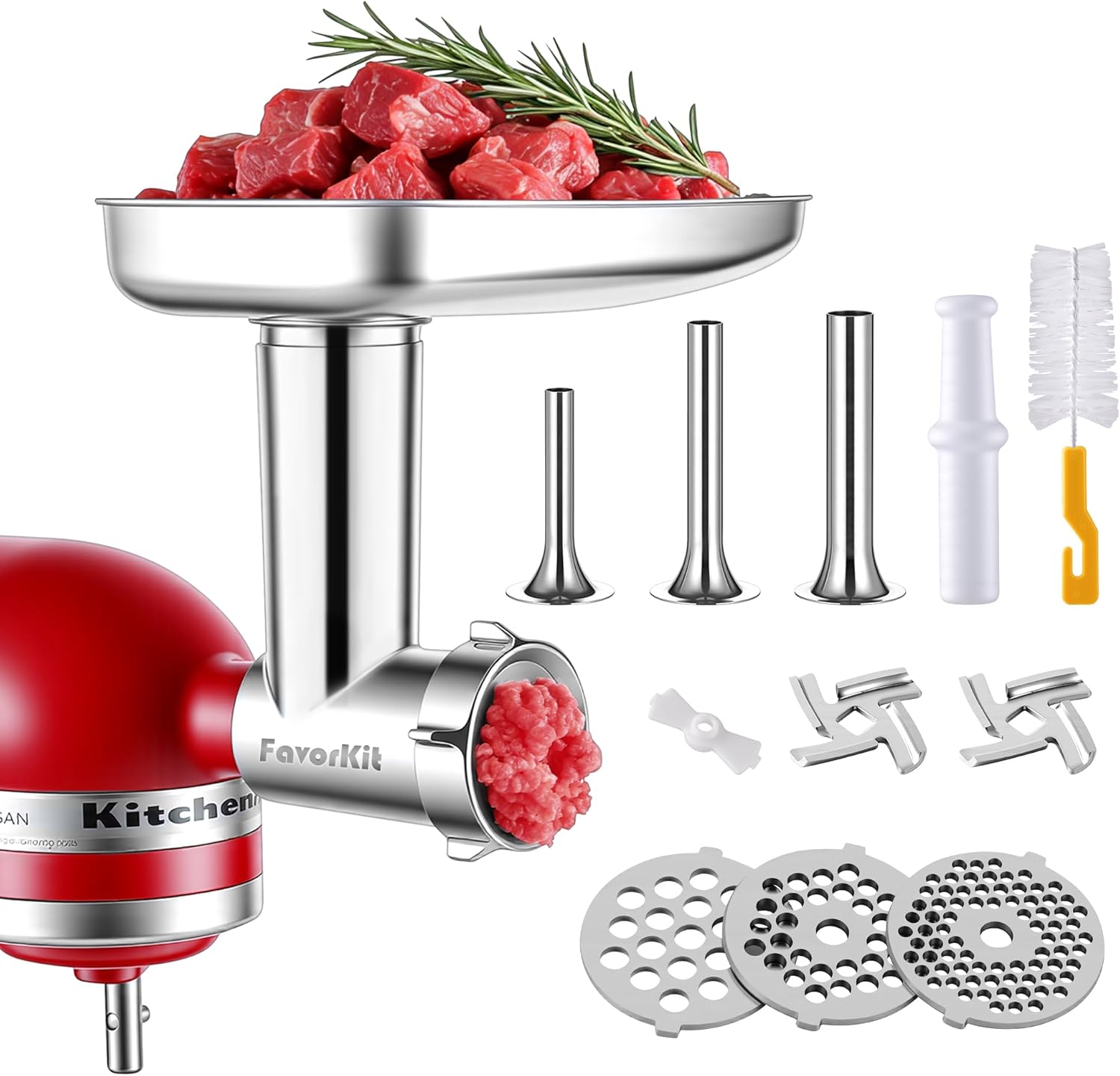 FavorKit Stainless Steel Food Grinder Attachment for KitchenAid Mixers, Dishwasher Safe Meat Processor Aceesory Included 3 Sausage Stuffer Tubes